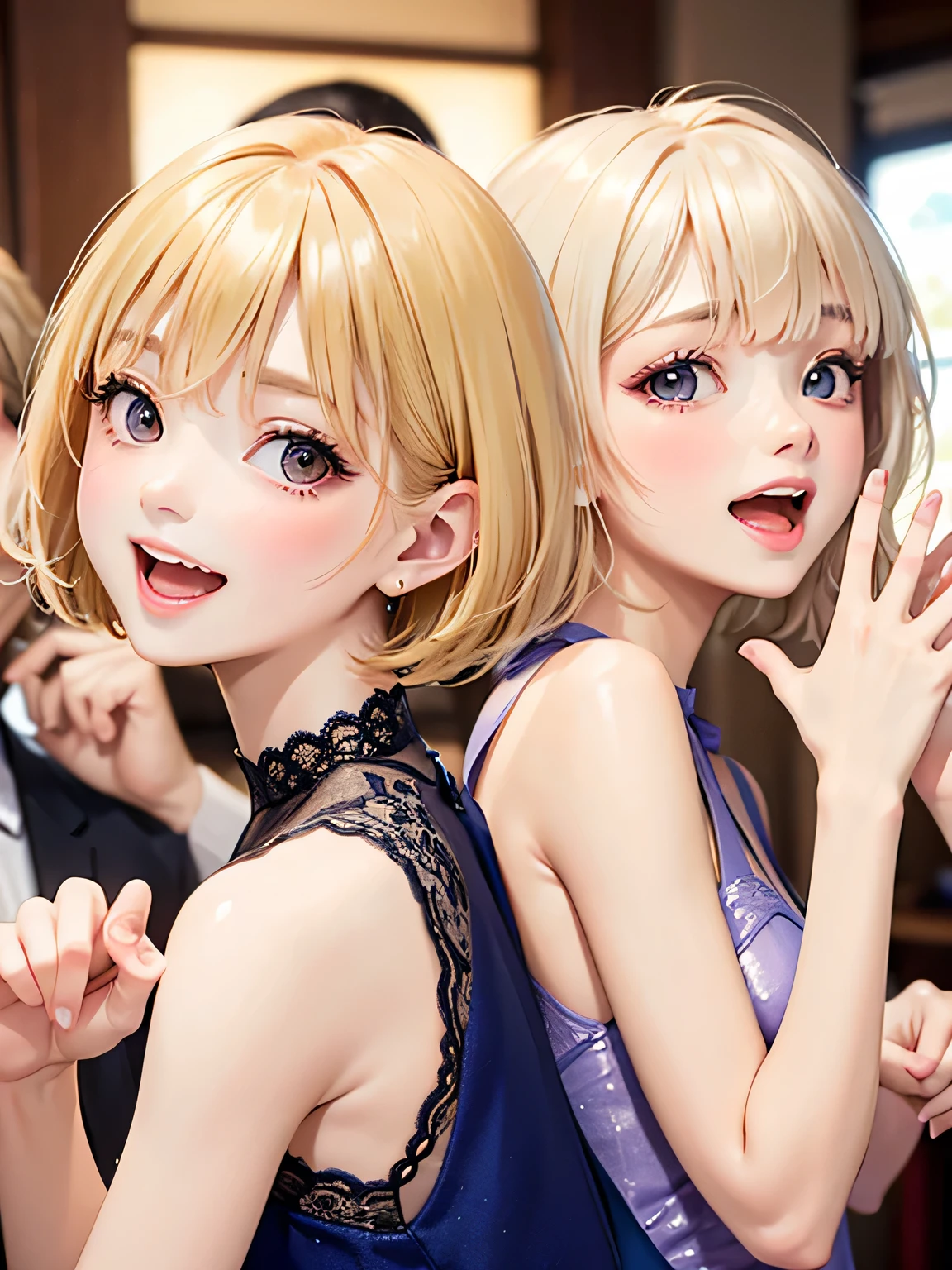 close up of face、sit、blonde、short hair、girl１、smile、prom dress