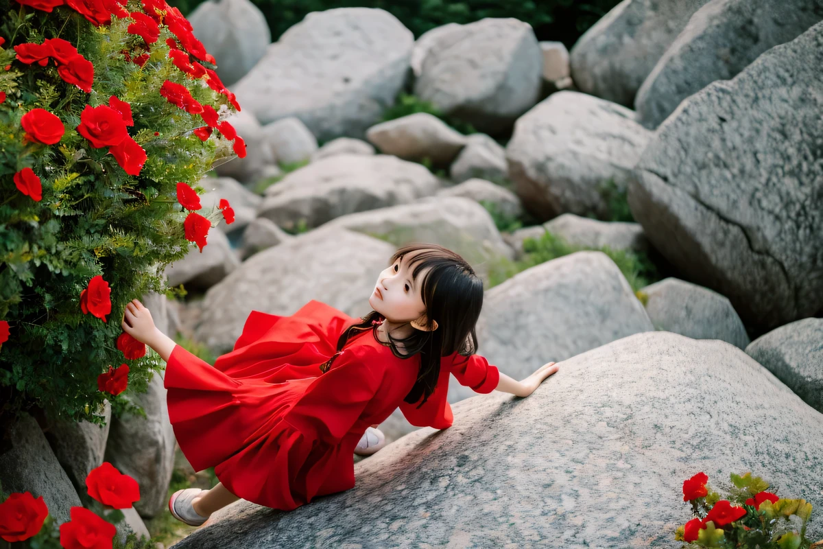 red flowers and trees々々surrounded by、9  girl wearing red clothes climbing a big rock。