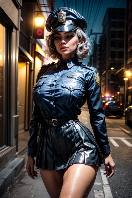 Photo Quality, (Best Picture Quality:1.6), HDR,Realistic,Dense,High Resolution,night scene, 1Woman,fully clothed, Wearing headset, Ebony Skin,Smiling,Solo,Thick Lips,Pink Lipstick,Long Eyelashes,Pink Eyeshadow,Golden Ratio Body,High Waist,((Long Legs:1.(2))),F-Cup Bust,Slim waist,wide hips,big ass,(narrow face),jewelry,miscellaneous,((police uniform,police cap,short blue skirt:1.3)),silver hair,curly hair,short hair, Standing on street, moonlight, dynamic pose, ((cowboy shot:1.1))