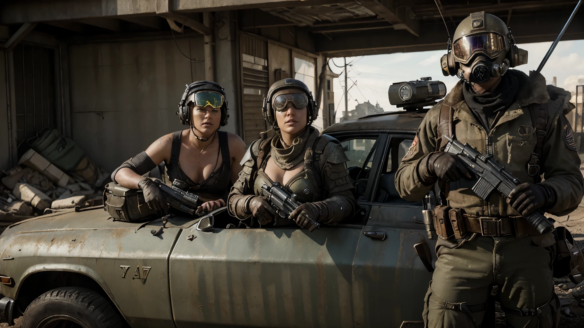 fallout series theme, skimpy, weapons, guns, lasers, dog, wasteland, drinks, car, smoke, armor, gloves, gun, pistol, helmet, goggles