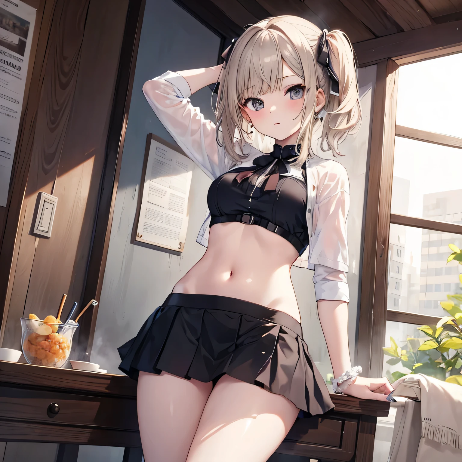 Azur Lane Ayanami、table top、High resolution、2 people、2 people girl、twins、2 cute girls、big and full breasts、naughty body、underwear only、See-through、pink lingerie、throw、kneel down、kneel down、Look up at me、confused face、blush、black pantyhos、navy check skirt、micro mini skirt、very short skirt、Department store、shop、Many people々、in the crowd、bare chest、show your chest、circle
