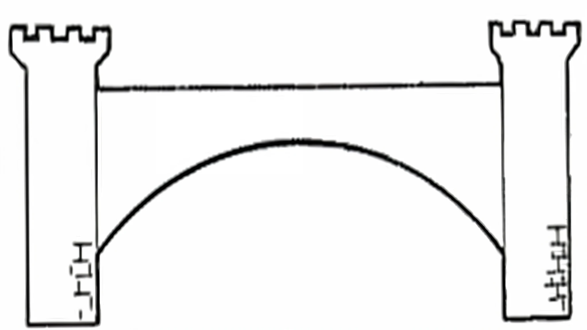 a drawing of a bridge with a tower and a tower, line-drawing, line drawing, non-pleated section, back arched, curved bridge, arch, simple primitive tube shape, drawn image, arched back, arcs, very elongated lines, thick line art, smooth curvilinear design, well - drawn, very detailed curve, Fix Image and make High Definition 4k.
