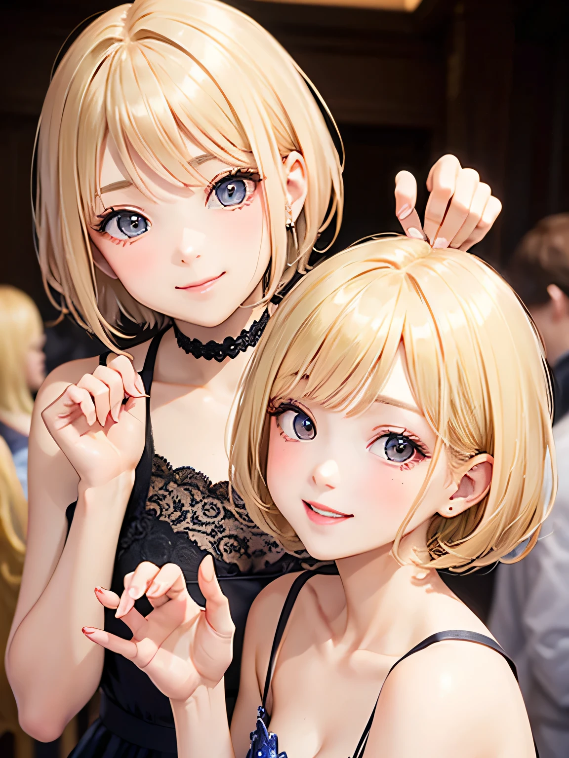 close up of face、blonde、short hair、girl1、stretch both hands forward、smile、prom dress