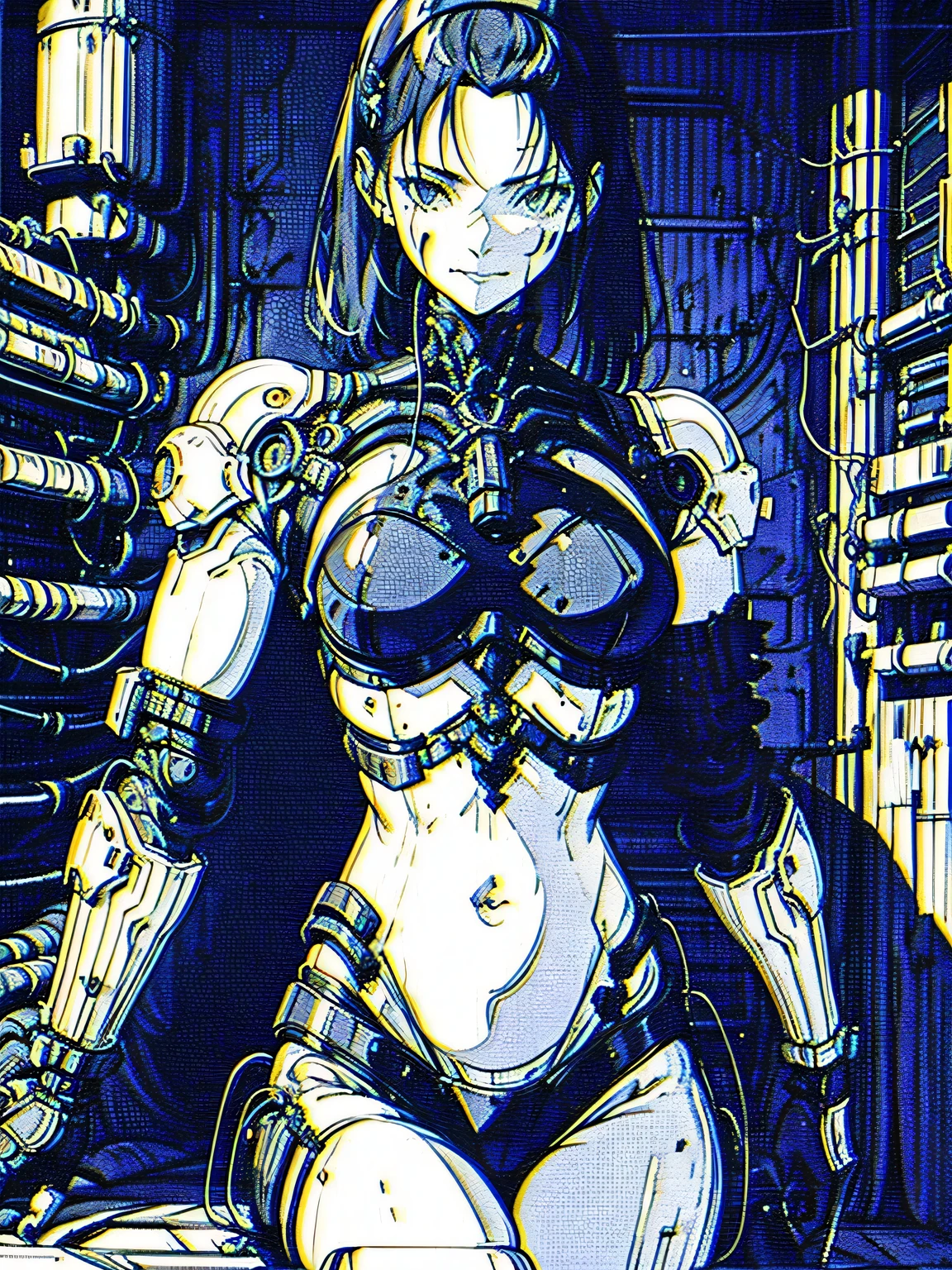 by xenotrip, monochrome, greyscale, blood, cable, science fiction, cyberpunk, chromatic aberration, indoors, detailed background, night, 1girl, beautiful, solo, bare shoulders, smiling, sitting, Seductive