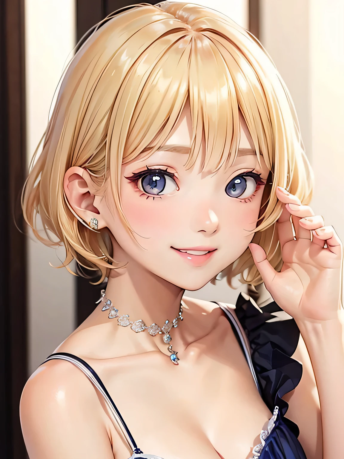 close up of face、blonde、short hair、girl１、stretch both hands forward、smile、prom dress