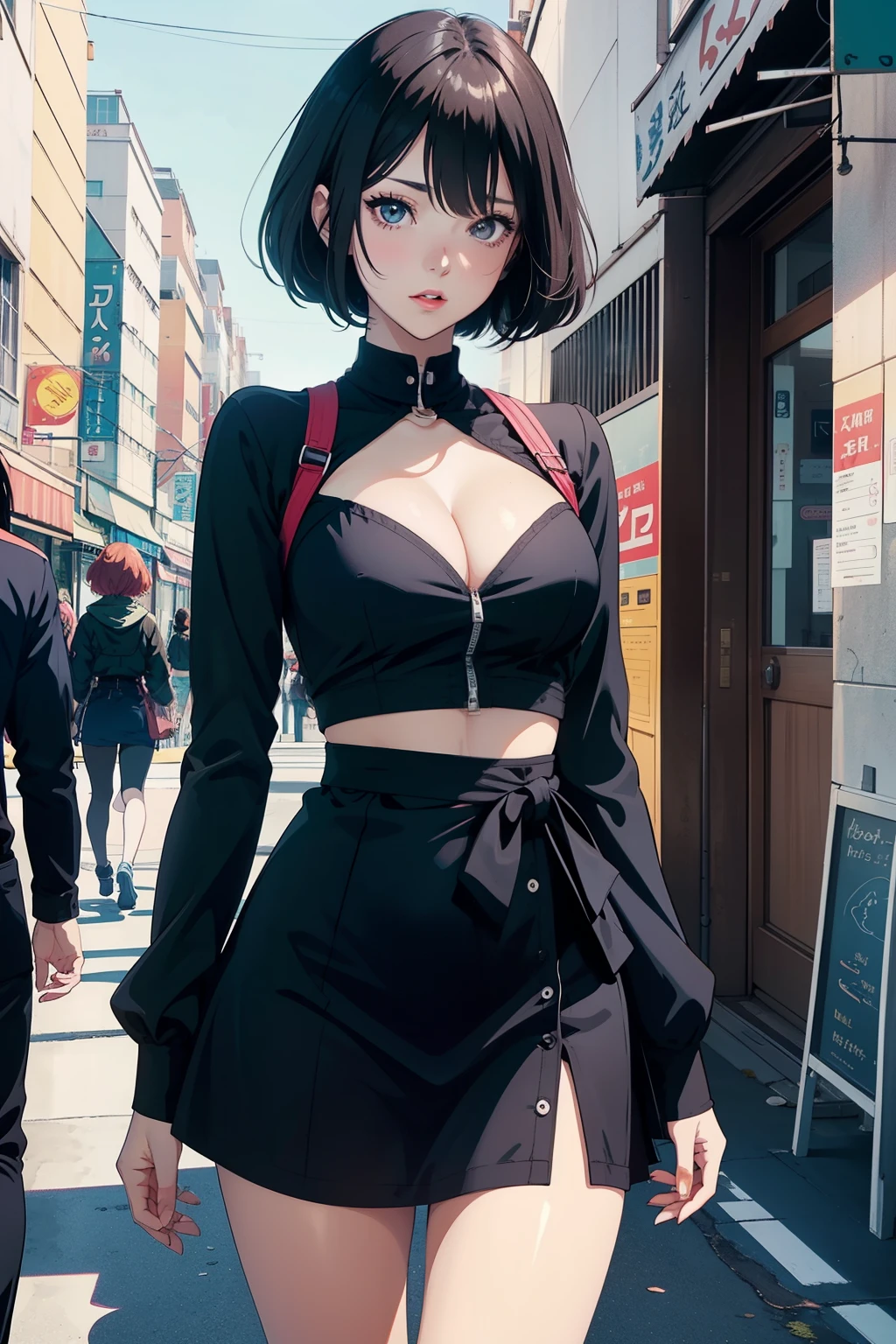 best quality, anime girl in black long sleeve mini dress stands on a city street, seductive anime girl, , anime style digital anime art, ginger anime girl with bob hair, anime girl, anime style. 8k, modern anime, best anime konachan, smooth anime cg art, anime art, anime waifu, large form, retro, (open waist:1.3),