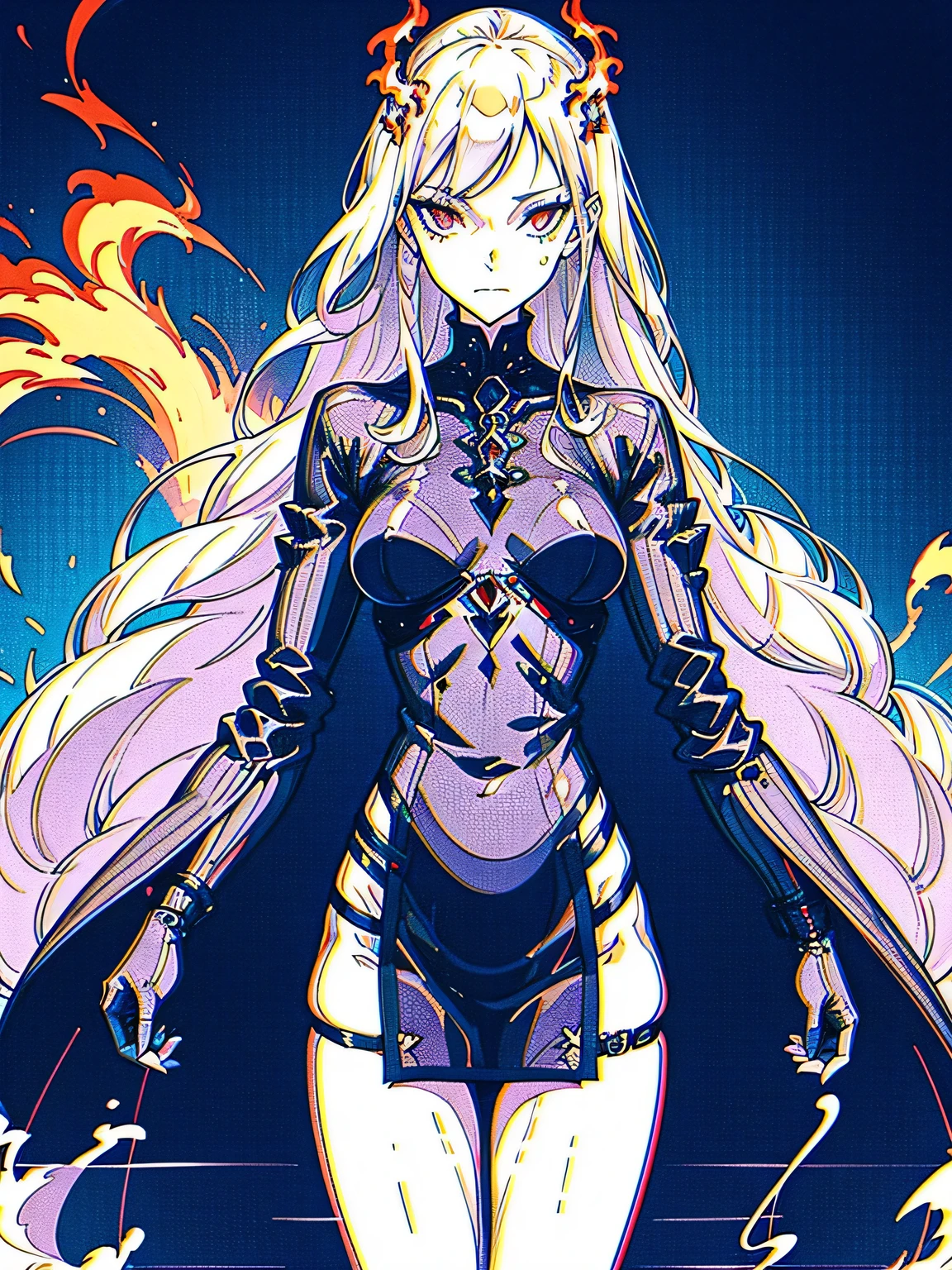waif, dainty, gentle, perfect face, slender, tiny waist, graceful, long wavy hair, pale skin, intricate clothing, stern, grim, assertive, ((fire, smoke, ablaze, flames)), fantasy, twilight, high quality, masterpiece, extremely detailed eyes, detailed line art, perfect anatomy, best hands, full body photo,