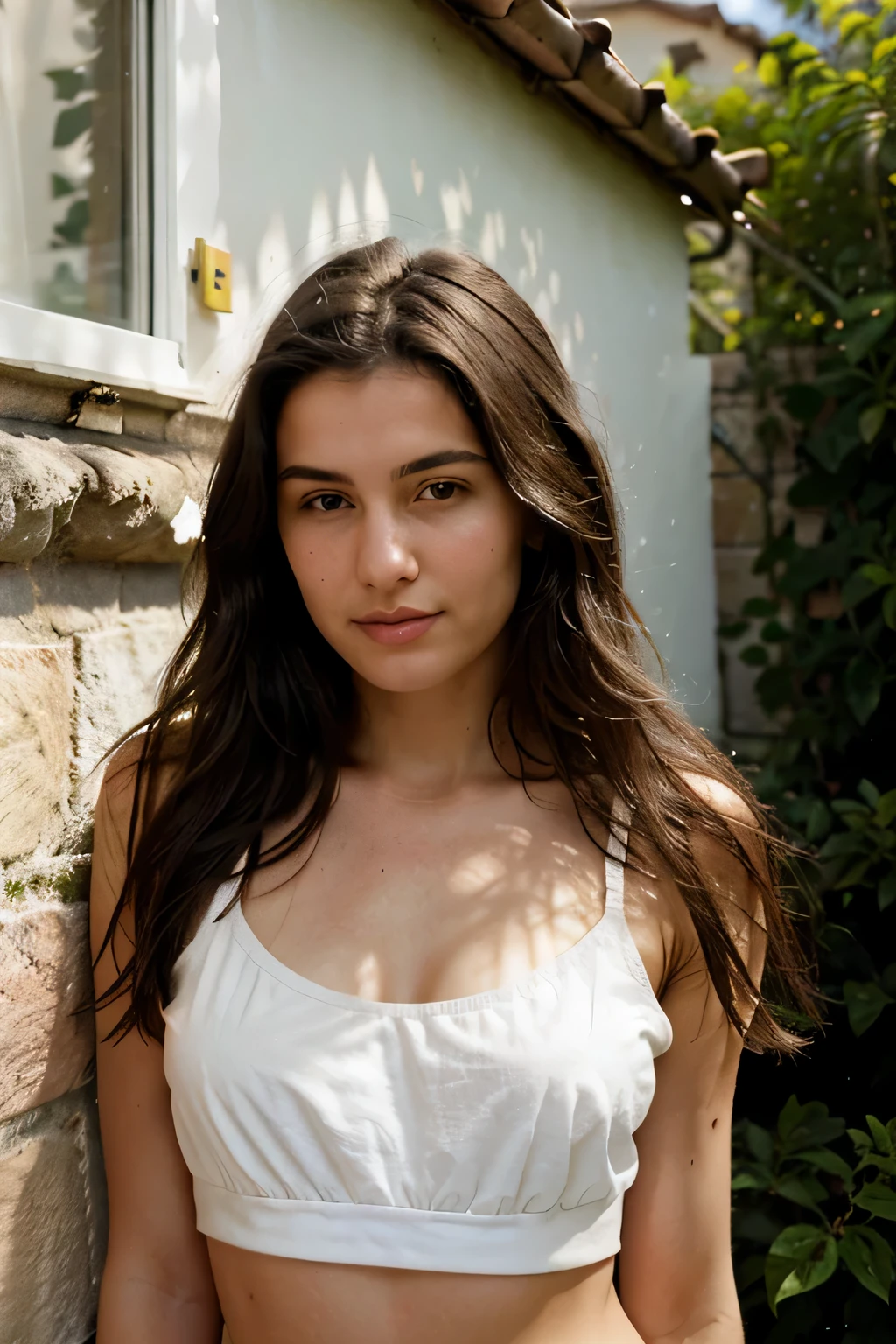 A 18-year-old dark hair Italian woman posing in the garden, closeup, dressed in casual shorts and top, posing, in the background blurred open window space with sandy coast height 170cm, hyper realistic face, detailed pretty face, normal nose size, pale skin, day time photo, polaroid photo, small size breast, smirking