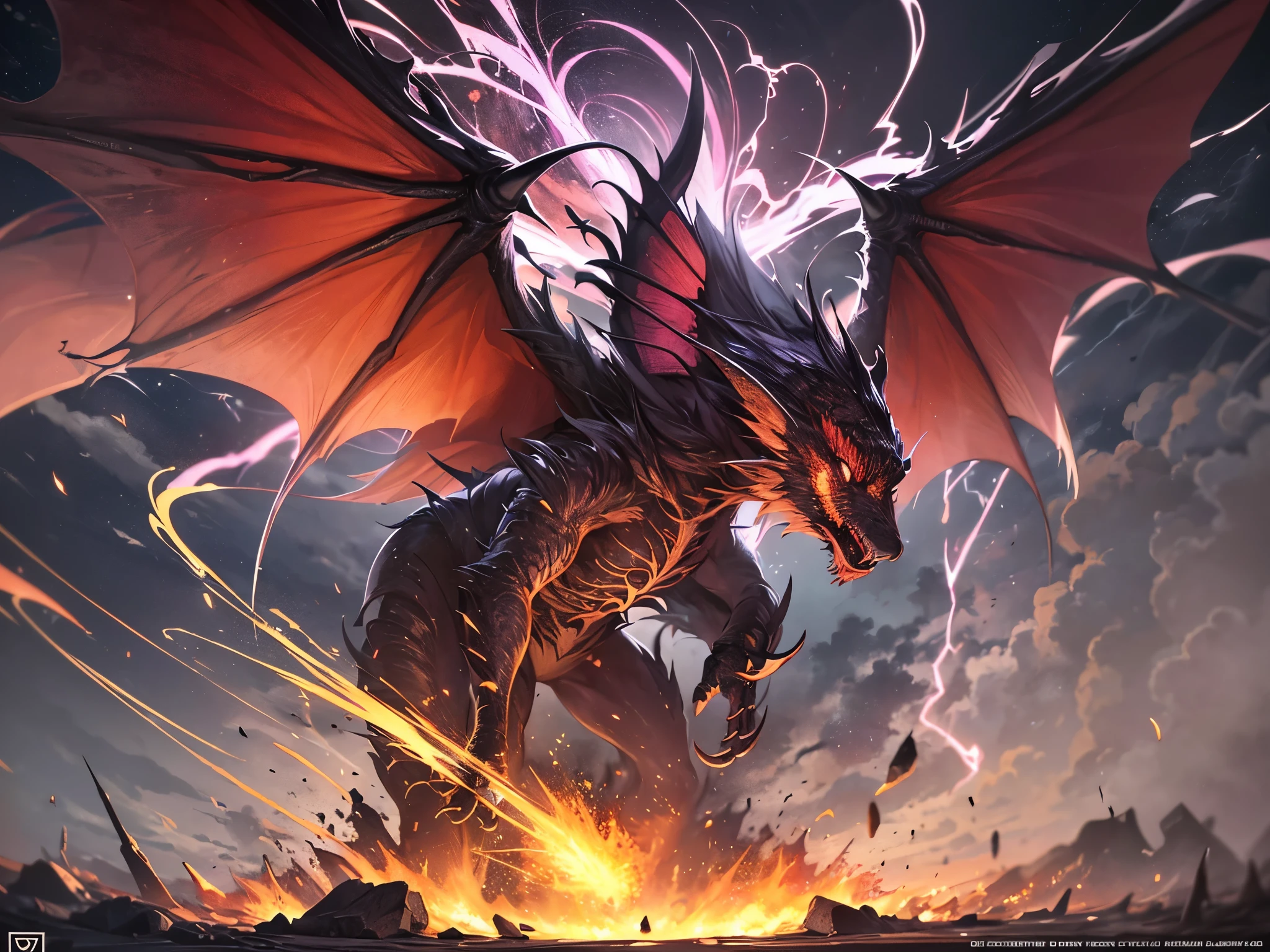 ((highest quality)),(ultra high resolution),(Super detailed),(detailed description),((best CG)),(best work of art),super precision art,amazing drawing art,(Art with precise details:1.5), The dragon's skin is covered with glittering black scales, and its back has large, sharp spines that shoot out lightning.。The powerful flapping of its wings easily knocks down vulnerable things.。 Countless lightning bolts cut through the dark clouds、Lava flowing from the volcano engulfs the forest and a raging storm blows everything away.