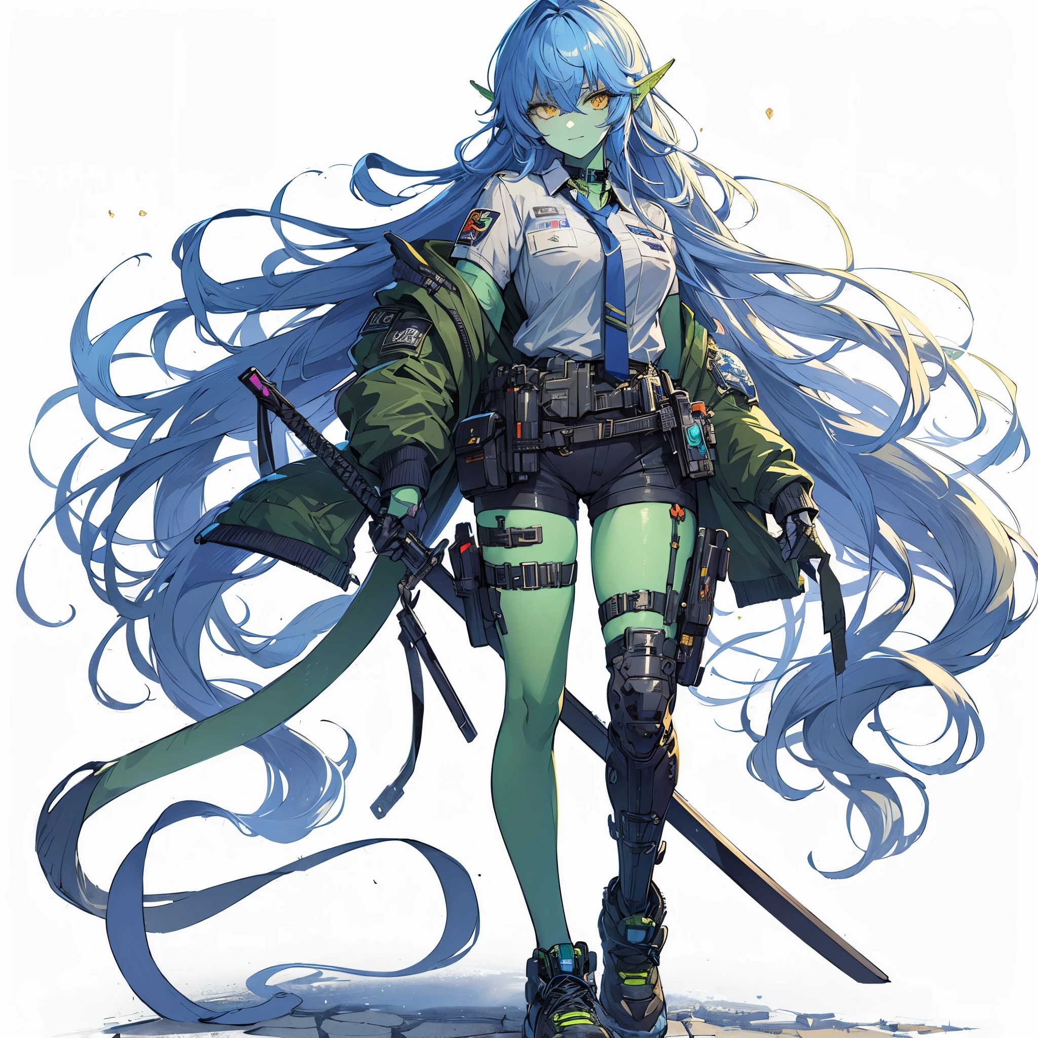 (Masterpiece, top quality), (detailed hair), ultra detailed, anime style, full body, solo, Cyberpunk orc girl, Muscular but feminine body shape, wearing a work uniform, night blue hair and yellow eyes, pale green skin, holds a sword in a scabbard, wears high tech sneakers, standing in wasteland, white background, whole body, winning smile
