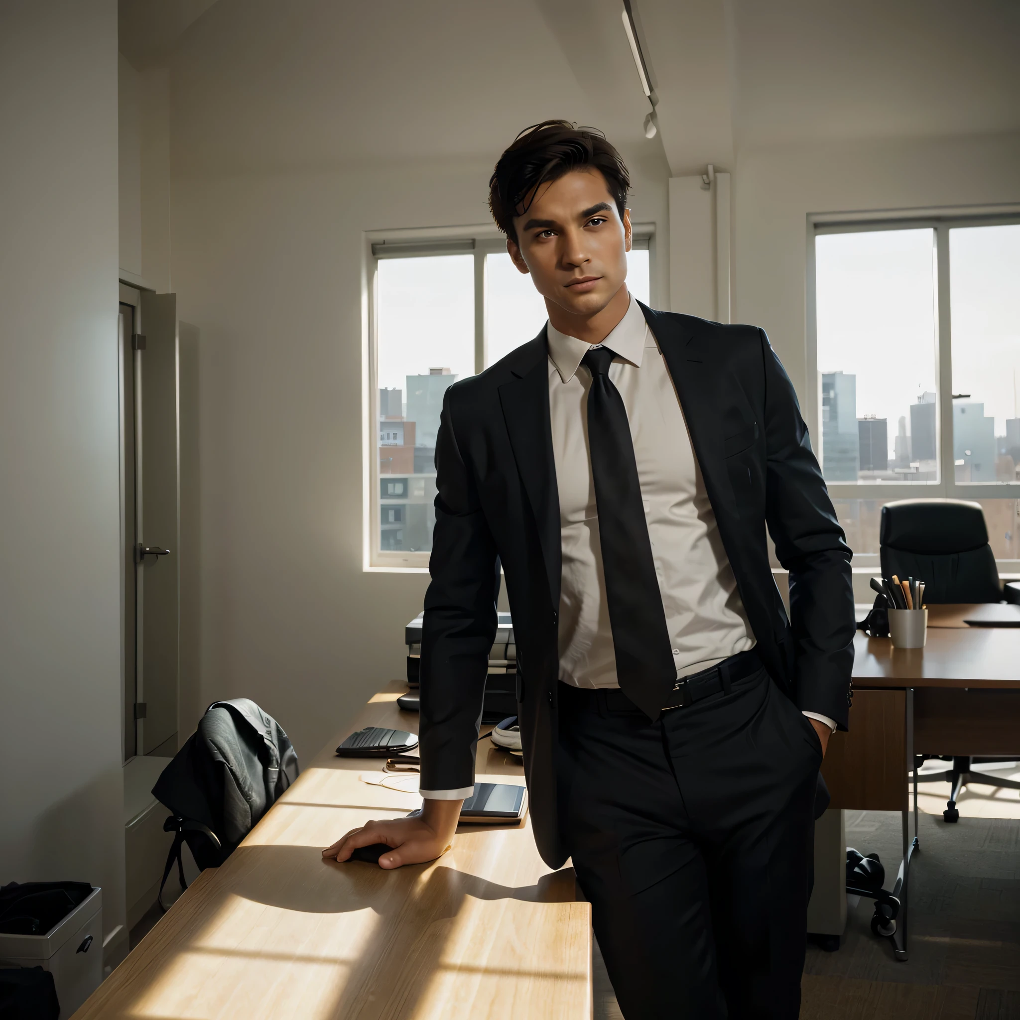 A 30-year-old male model with fair complexion and athletic build, short black hair, standing in a modern office, hands in trouser pockets, wearing a tailored suit and tie, serious and determined expression. This scene is set in an early morning office, the soft golden sunlight streaming through large floor-to-ceiling windows, casting a warm and inviting glow. The model's sharp suit contrasts beautifully with the casual elegance of the office, a space designed for creativity and collaboration. His determined expression speaks to a day of opportunities ahead, capturing a moment of quiet before the day's hustle begins. Photographed by Gordon Parks, using a Leica SL2 with a Summilux 50mm f/1.4 lens, the lighting is a harmonious combination of the natural morning light and refined studio lighting, creating a serene and hopeful ambiance.