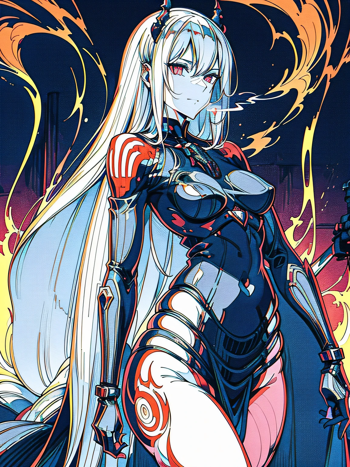 waif, dainty, gentle, perfect face, slender, tiny waist, graceful, long wavy hair, pale skin, intricate clothing, stern, grim, assertive, ((fire, smoke, ablaze, flames)), fantasy, twilight, high quality, masterpiece, extremely detailed eyes, detailed line art, perfect anatomy, best hands, full body photo, sitting, smiling,