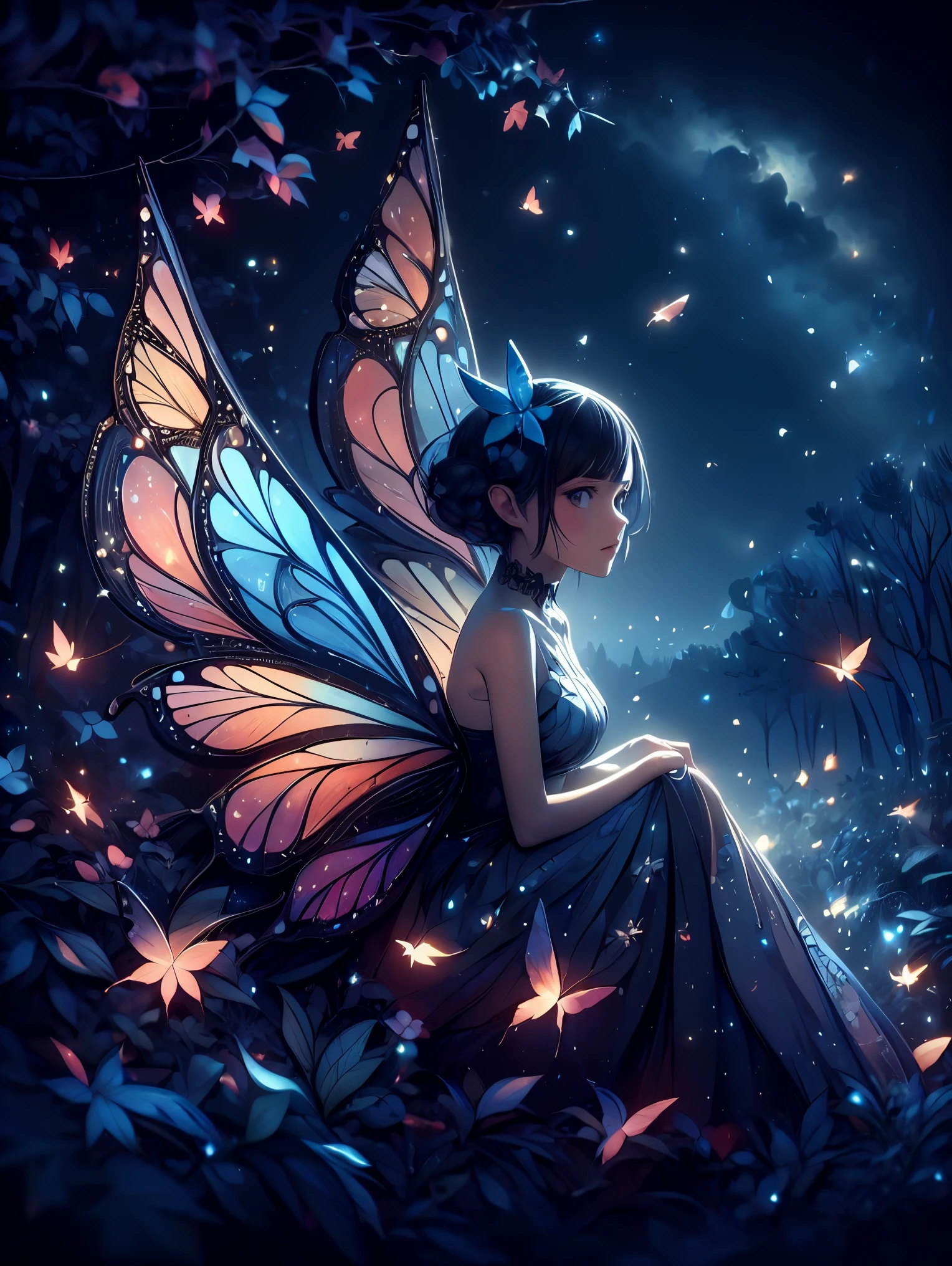 cinematic, fairy, girl, butterfly, forest, night, fantasy art, 8k, detailed, masterpiece, detailed background, detailed effect, ash blossom, pretty girl, white girl, beautiful girl, ((fairy girl)), full body, black hair, blue eyes, ((leaf dress)), ash light, night sky, star