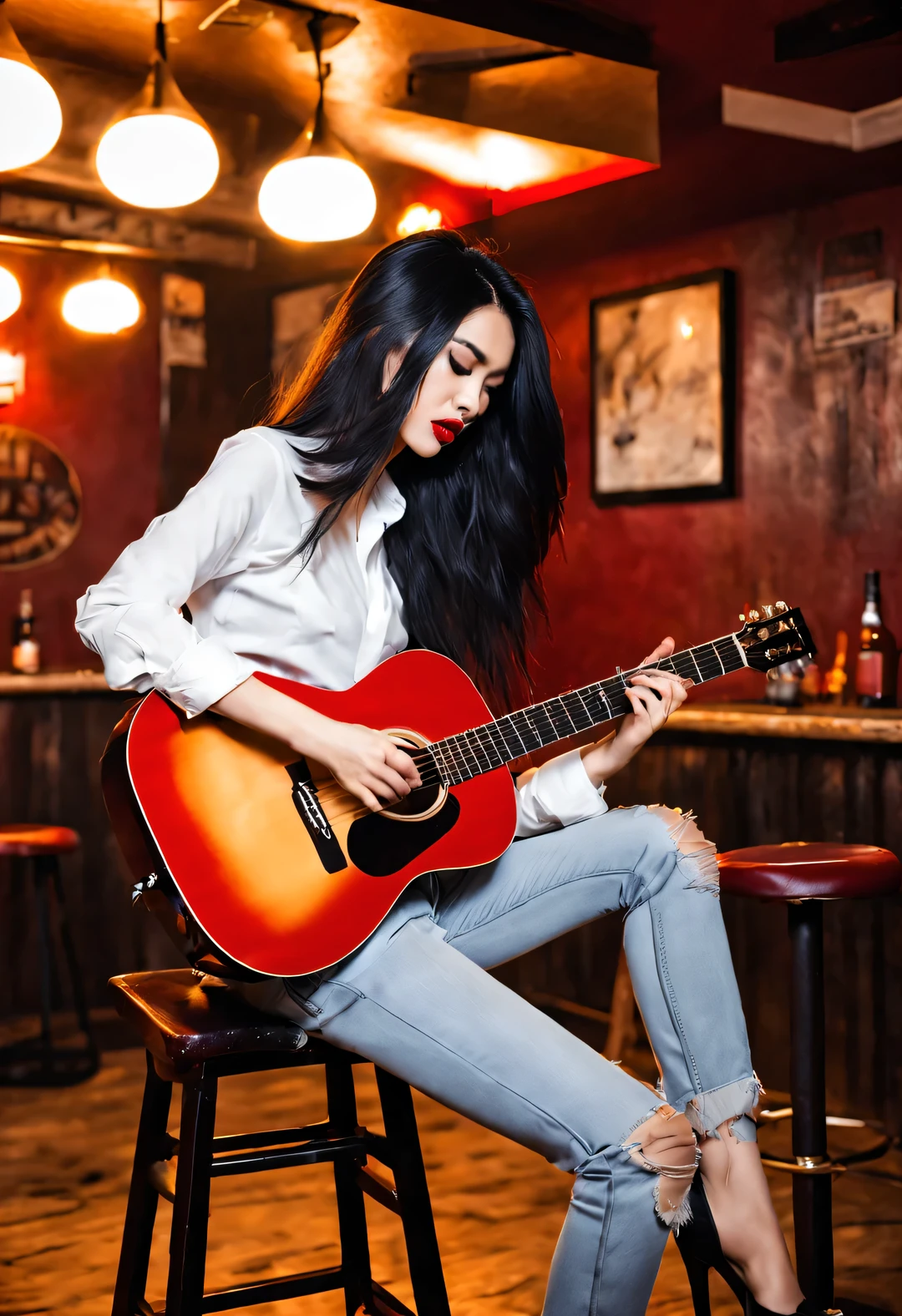 A beautiful girl plays the guitar crazily，Messy extra long black hair，beautiful red lips，White shirt，Skinny denim trousers，beautiful high heels，sit on a high stool，fender guitar，Dynamic Guitar Playing Actions，（Incense clipped to the top of the guitar：0.65），Background night bar