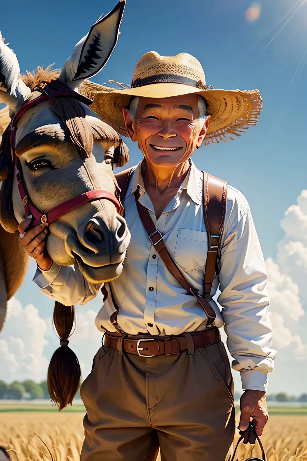 an old man,He held a handful of wheat on his chest.,smiling face,Wrinkles,rays of sunlight,Rice fields,fall,wearing a straw hat,anime cartoon style , (smiling brown donkey:1.6)