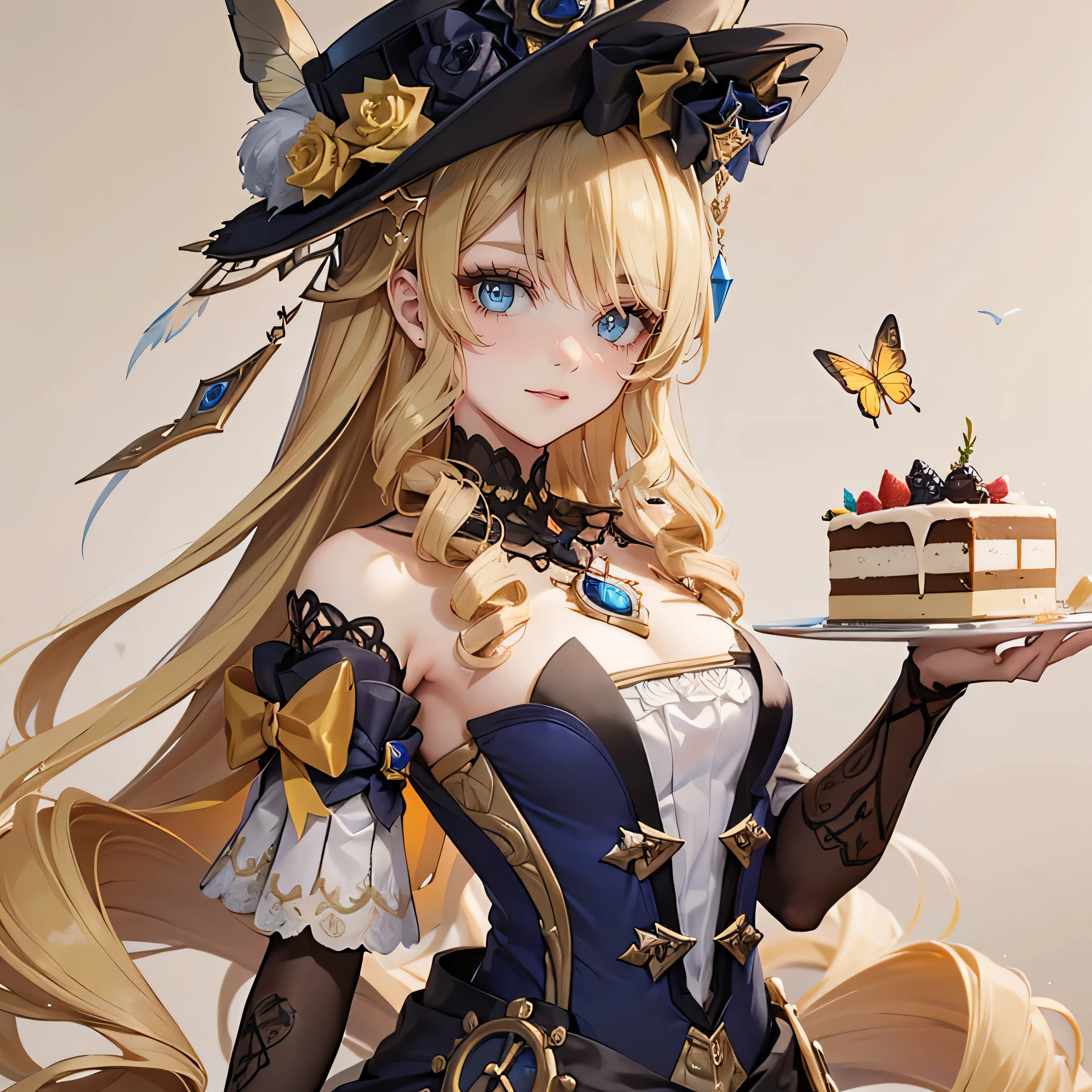  The girl has beautifully detailed eyes and a kind smile on her face... The girl holds a plate with cake in her hand..........butterflies fly on a beige background, many yellow flowers in steampunk style .... The work must be of the highest quality.., be a masterpiece, and have high resolution details.,Girl up to the waist
