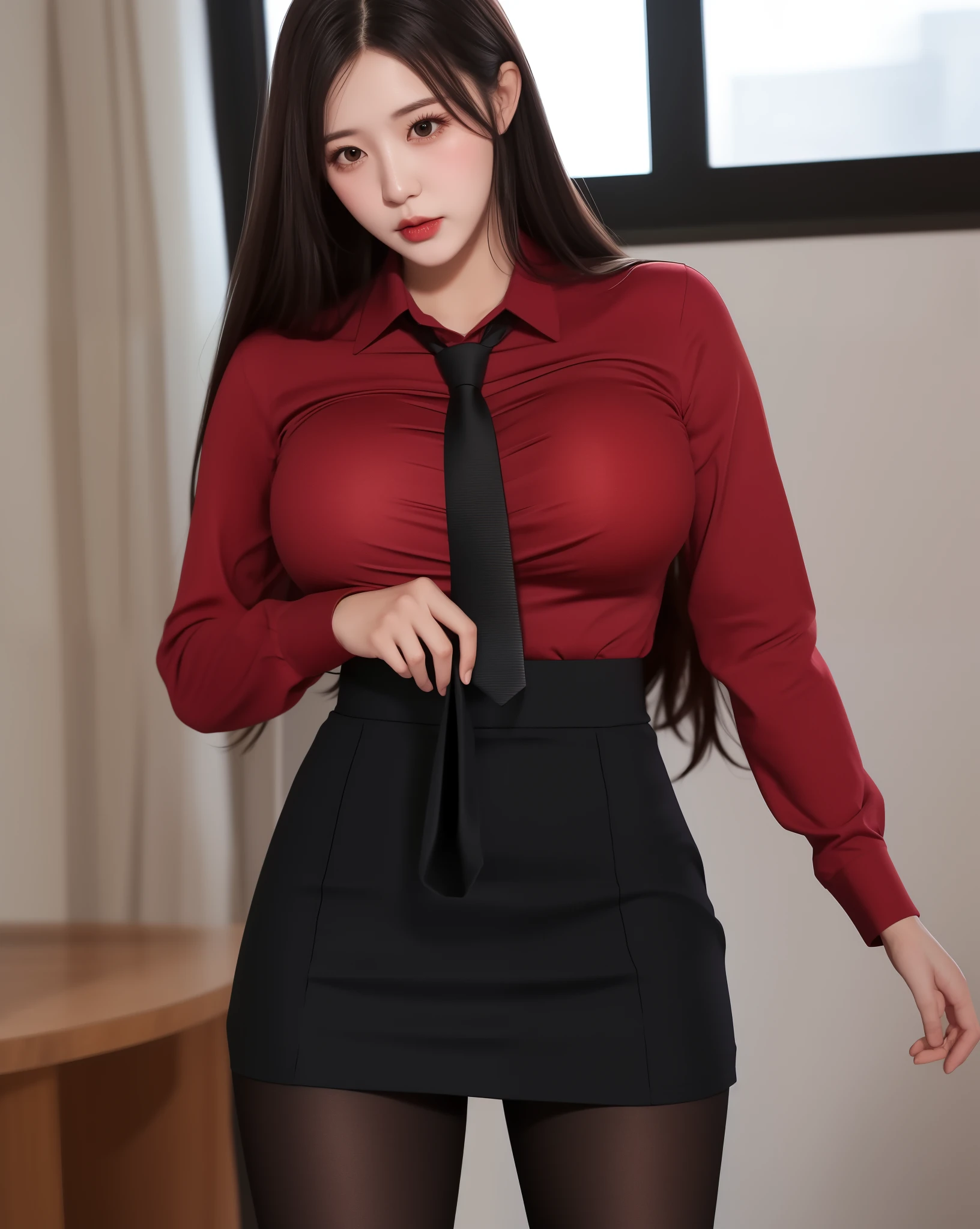 1 girl, long hair, black eyes, red shirt, (tie), black pantyhose, pencil_skirt , soft light, tutult, pantyhose, breast, big_breasts, , 1 girl, best quality, 1girl, skirt_lift, best quality