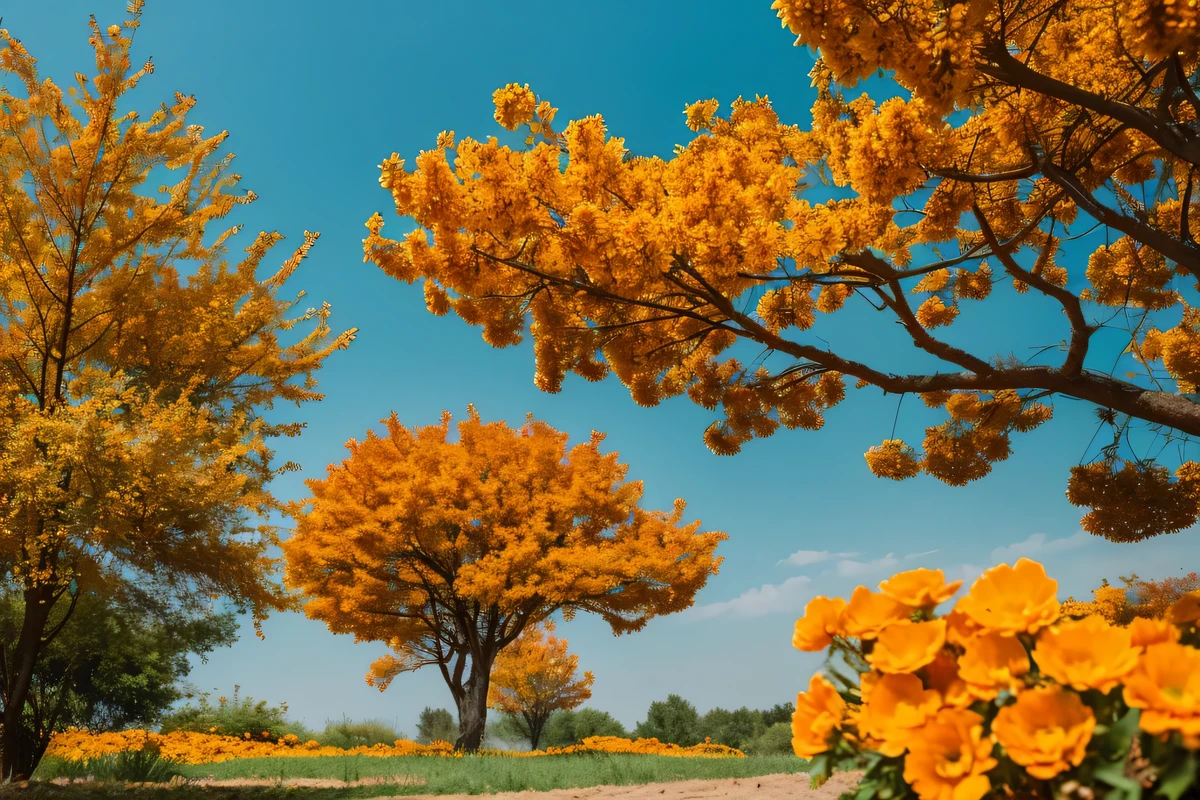 orange flowers and tree々々surrounded by