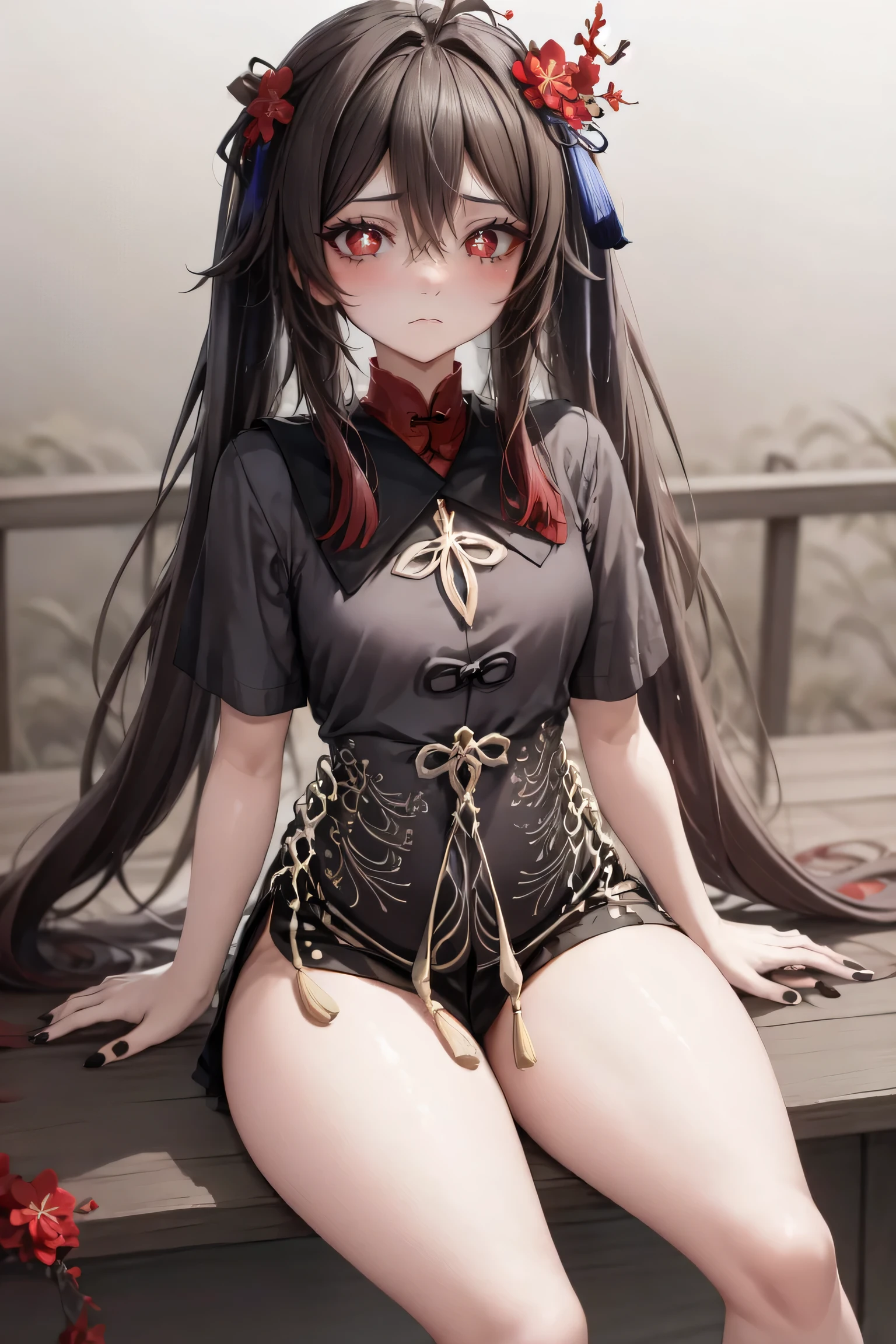 1girl, solo, long hair, breasts, looking at viewer, blush, emotionless, open mouth, bangs, skirt, simple background, brown hair, shirt, hair ornament, red eyes, thighs, white background, hair between eyes, twintails, sitting, white shirt, ass, flower, ahoge, short sleeves, thighs thighs, pleated skirt, small breasts, hair flower, miniskirt, black skirt, nail polish, symbol-shaped pupils, gradient hair, feet out of frame, arm support, red flower, t-shirt, black nails, flower-shaped pupils, plum blossoms, hu tao \(genshin impact\), 200mm f/2.8L