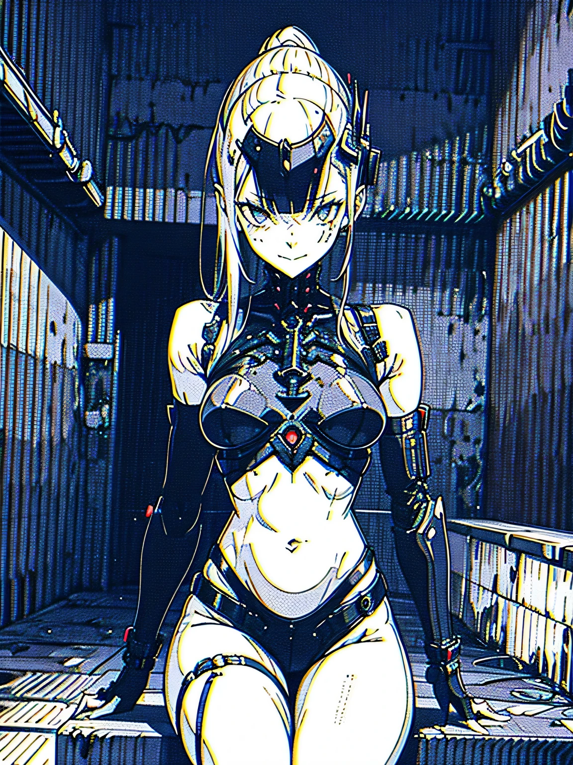 by xenotrip, monochrome, greyscale, blood, cable, science fiction, cyberpunk, chromatic aberration, indoors, detailed background, night, 1girl, beautiful, solo, bare shoulders, smiling, sitting, Seductive, waif, dainty, gentle, perfect face, extremely detailed eyes, detailed line art, perfect anatomy, best hands, neon lights, full body photo,