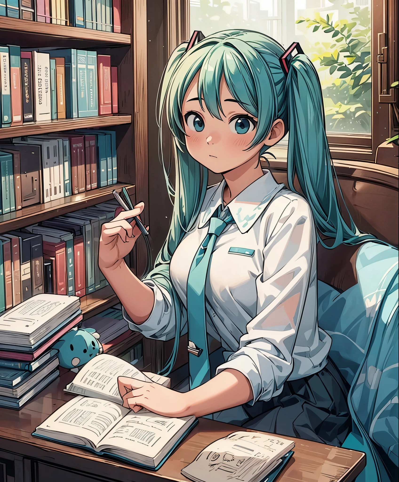 (masterpiece、highest quality、highest quality、official art、beautiful beautiful:1.2)、(1 girl:1.3)Hatsune Miku、twin tails,library、I read a book、beautiful breasts、Large bookshelf