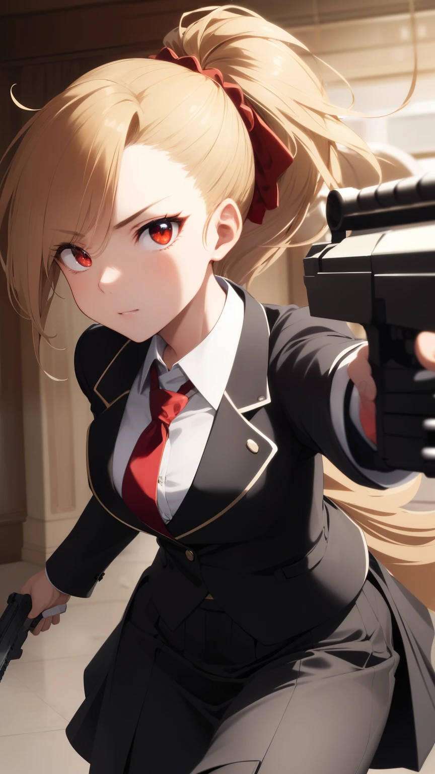 masterpiece, best quality, intricate, tone mapping, highly detailed, artstation, concept art, smooth, sharp focus, dramatic lighting, highly detailed artwork, trend on artstation, 8K, incredible shadows, (Highly detailed background: 1.0), blond ponytail hair, black office suit, black matching skirt, ponytail, holding the gun, pointing the muzzle at the viewer, determined expression, close up on the muzzle, a slight blur in the gun, more detailed on the girl, center focus position, muzzle on center position can be seen, detailed bright red eyes, eye iris can be seen clearly