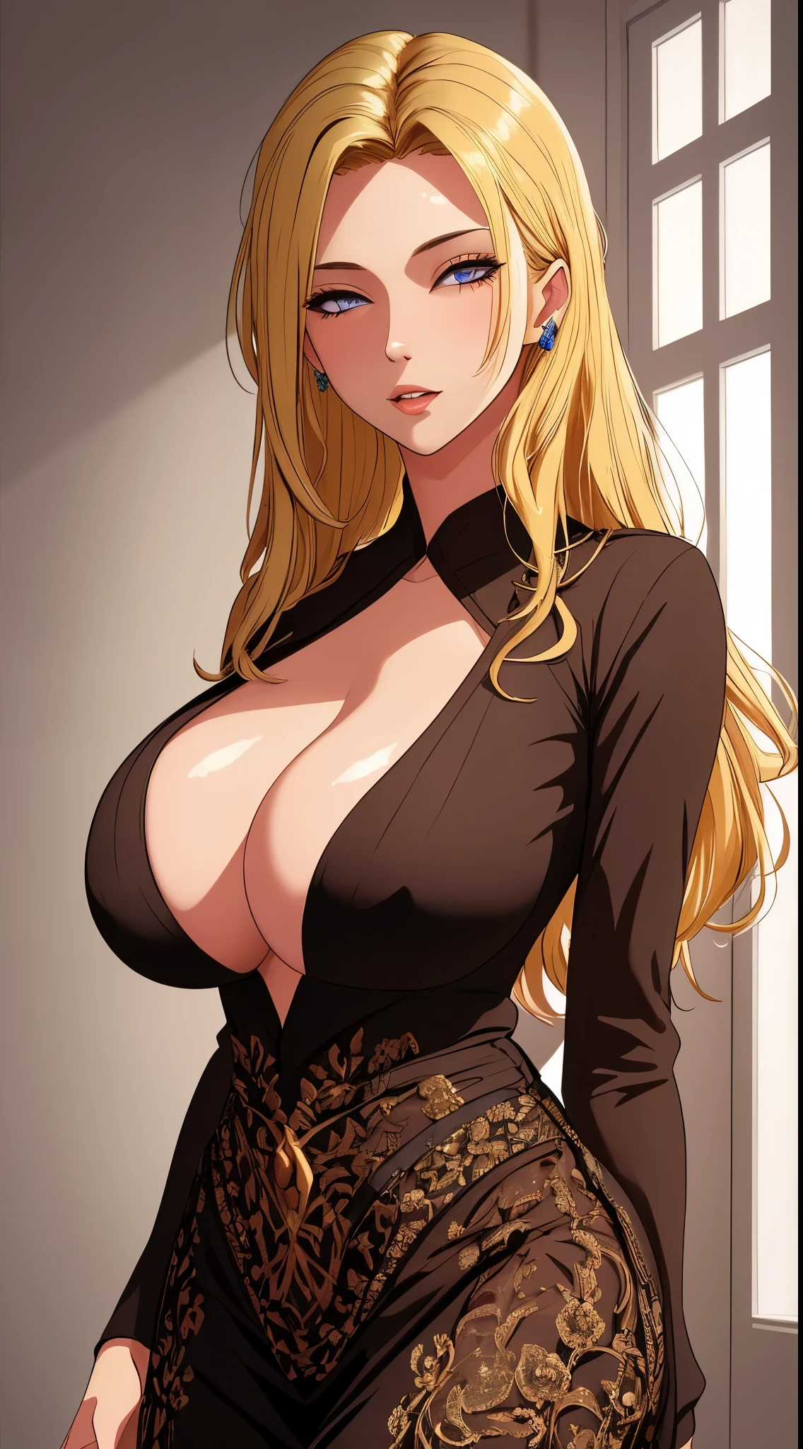 masterpiece, best quality, detailed face, detailed eyes, detailed lips, 1girl, blonde hair, long hair,large breasts, standing,elegant beautiful woman, spilled milk on her breasts