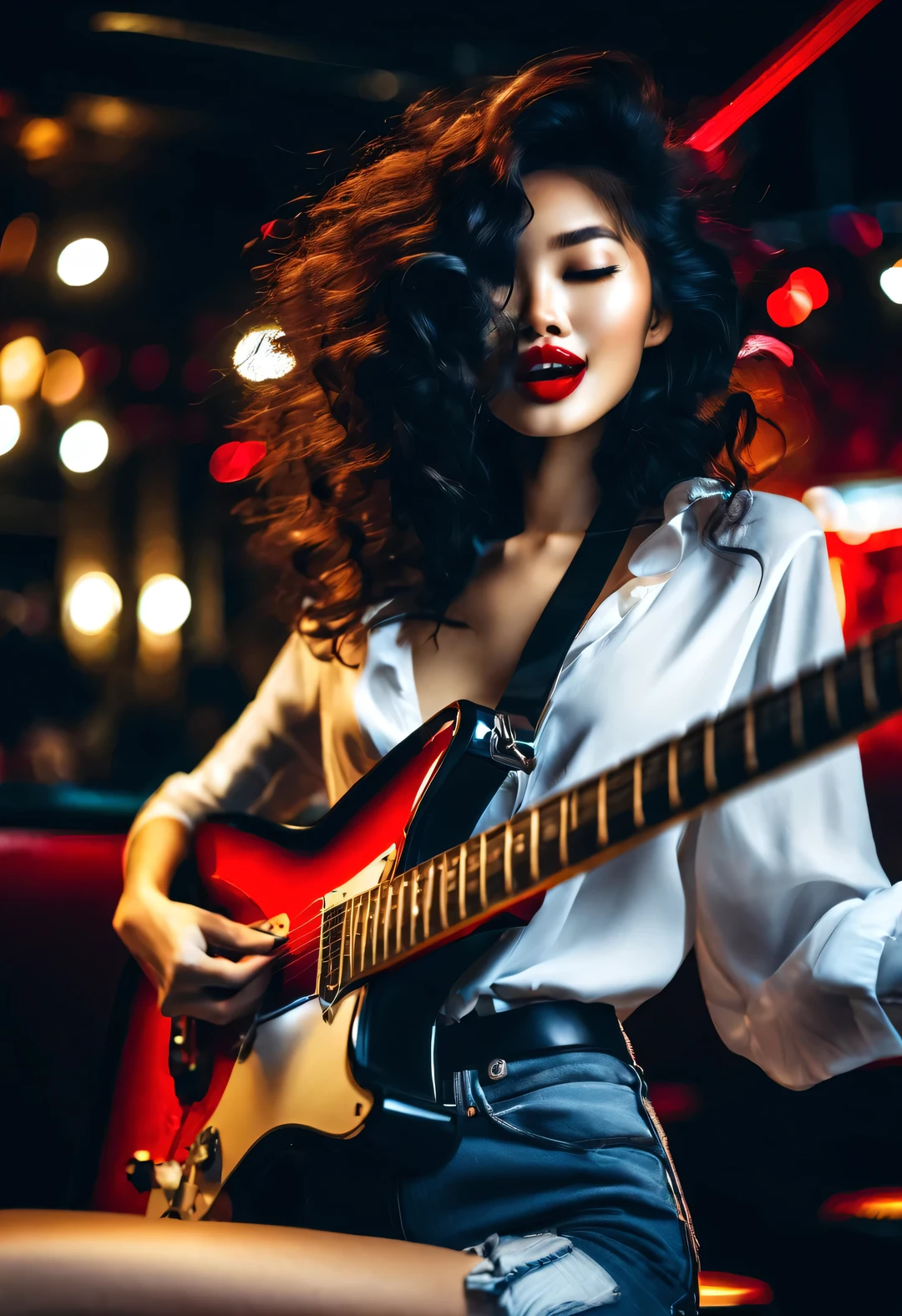 A beautiful Asian girl plays the guitar crazily, Messy extra long black curly hair, beautiful red lips, high end white shirt, skinny jeans, beautiful red high heels, sit on a high stool, fender fender guitar, dynamic action (The fragrance sandwiched between the strings: 0.65), Background night bar