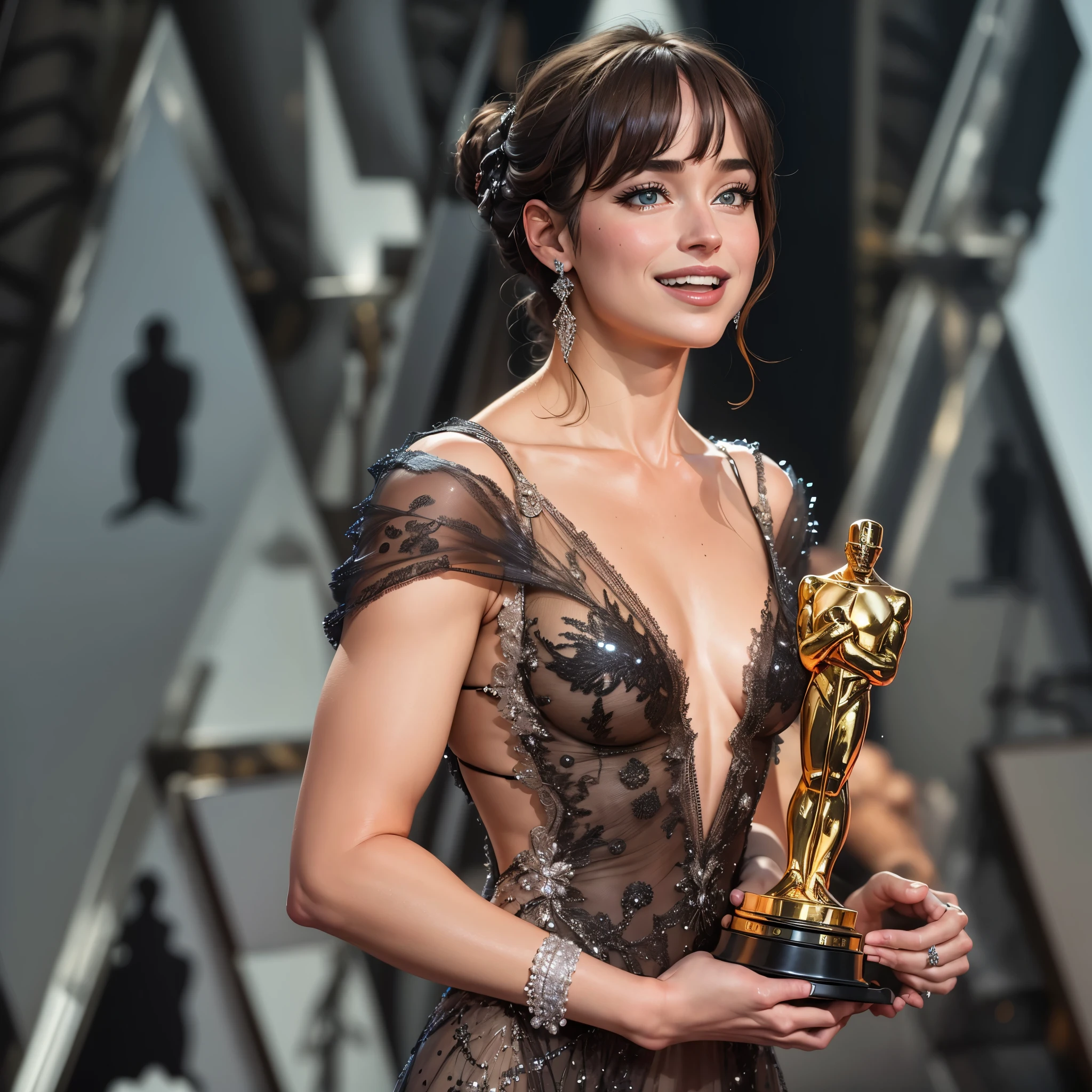 "Dakota Johnson, ((seios grandes)) an iconic figure in the film industry, radiates elegance and grace as she receives the coveted Oscar award. His eyes shine with excitement as he holds the golden figurine, maximum symbol of recognition in the seventh art. Vestida em um deslumbrante traje de alta costura transparente , she embodies the sophistication and talent that have made her an internationally renowned star. This image immortalizes the moment in which Dakota Johnson is celebrated for her exceptional contribution to the world of cinema." No palco do Oscar 