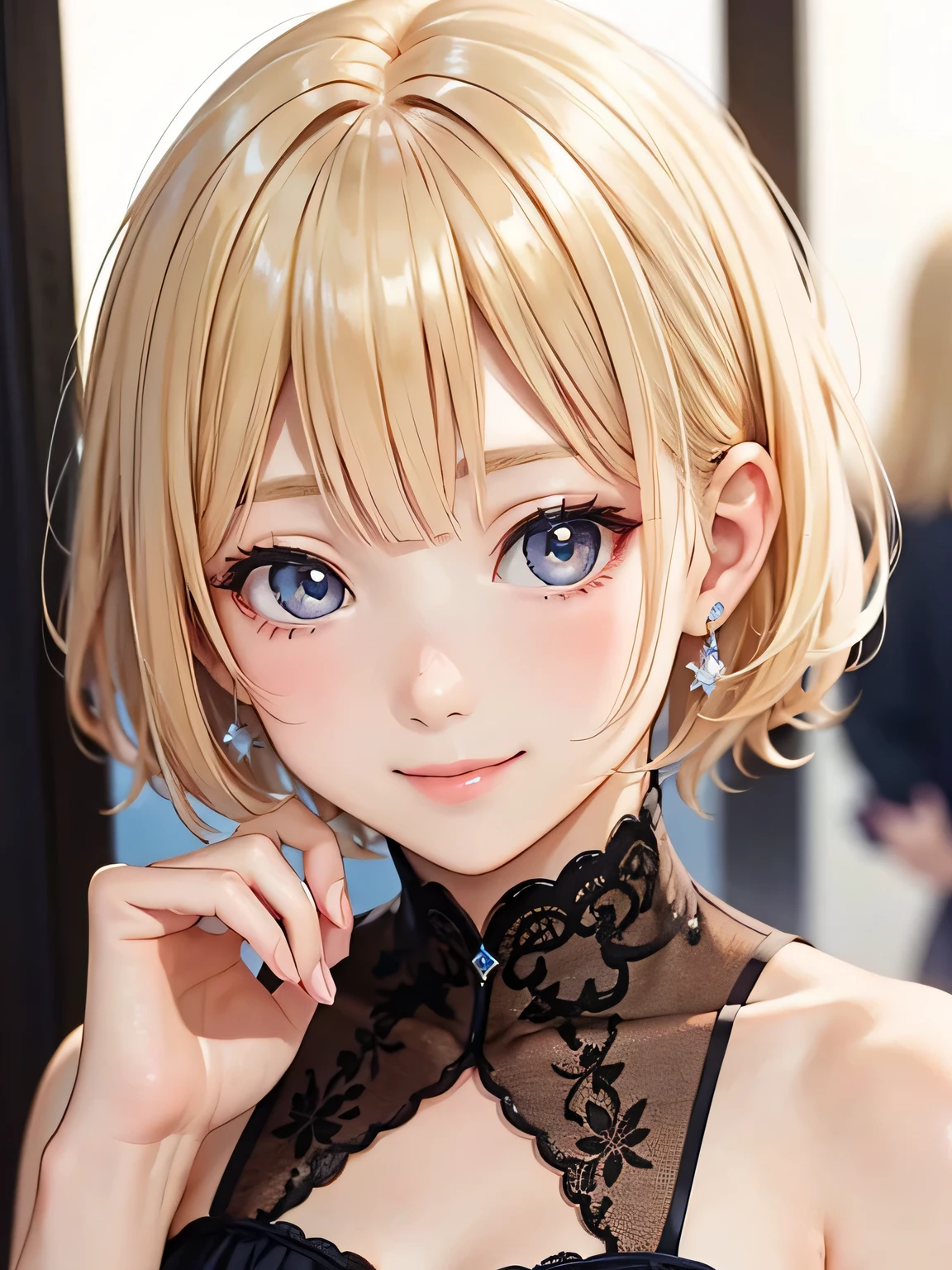 close up of face、sit、blonde、short hair、girl1、smile、prom dress