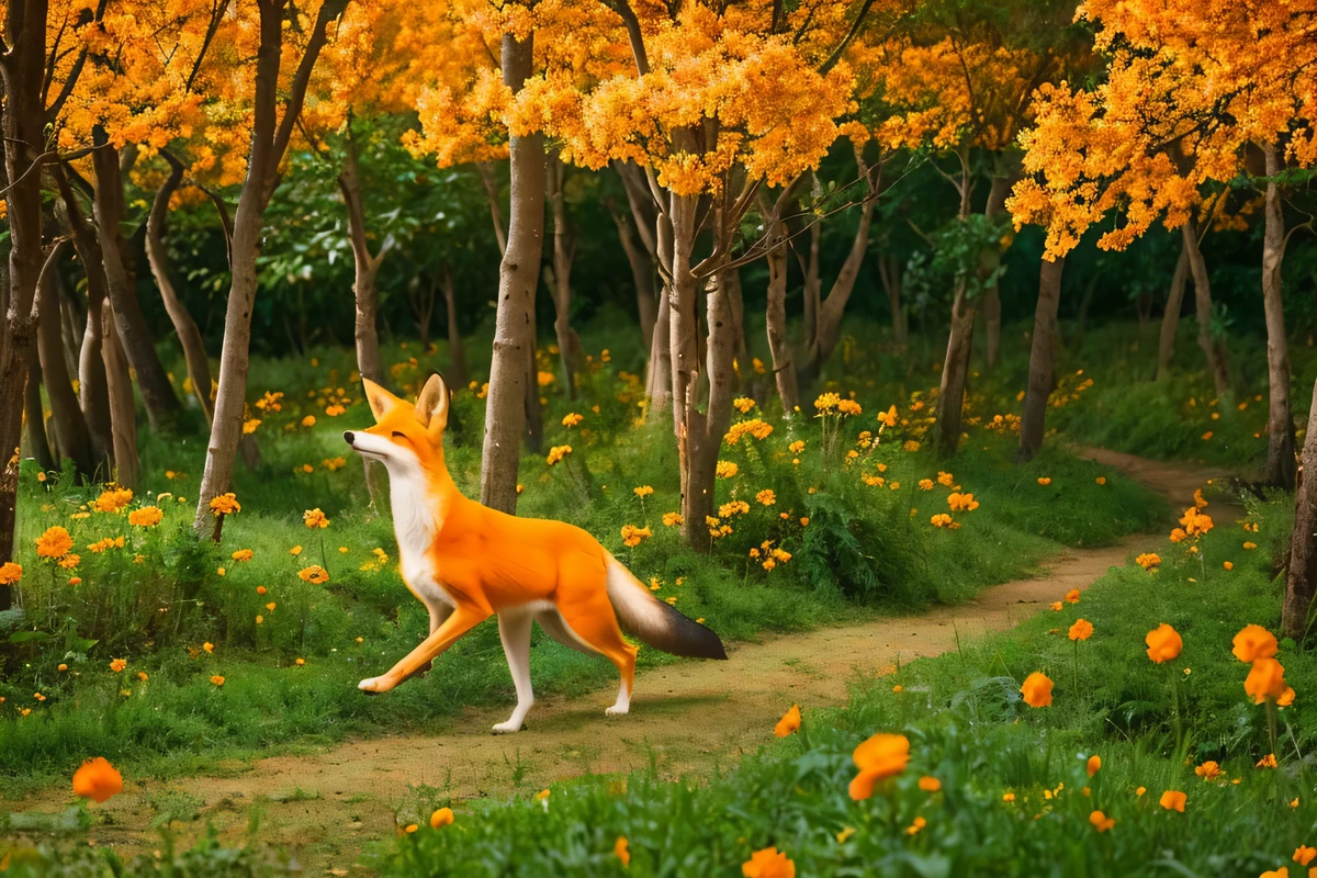 orange flowers and tree々々surrounded by、a fox approaches