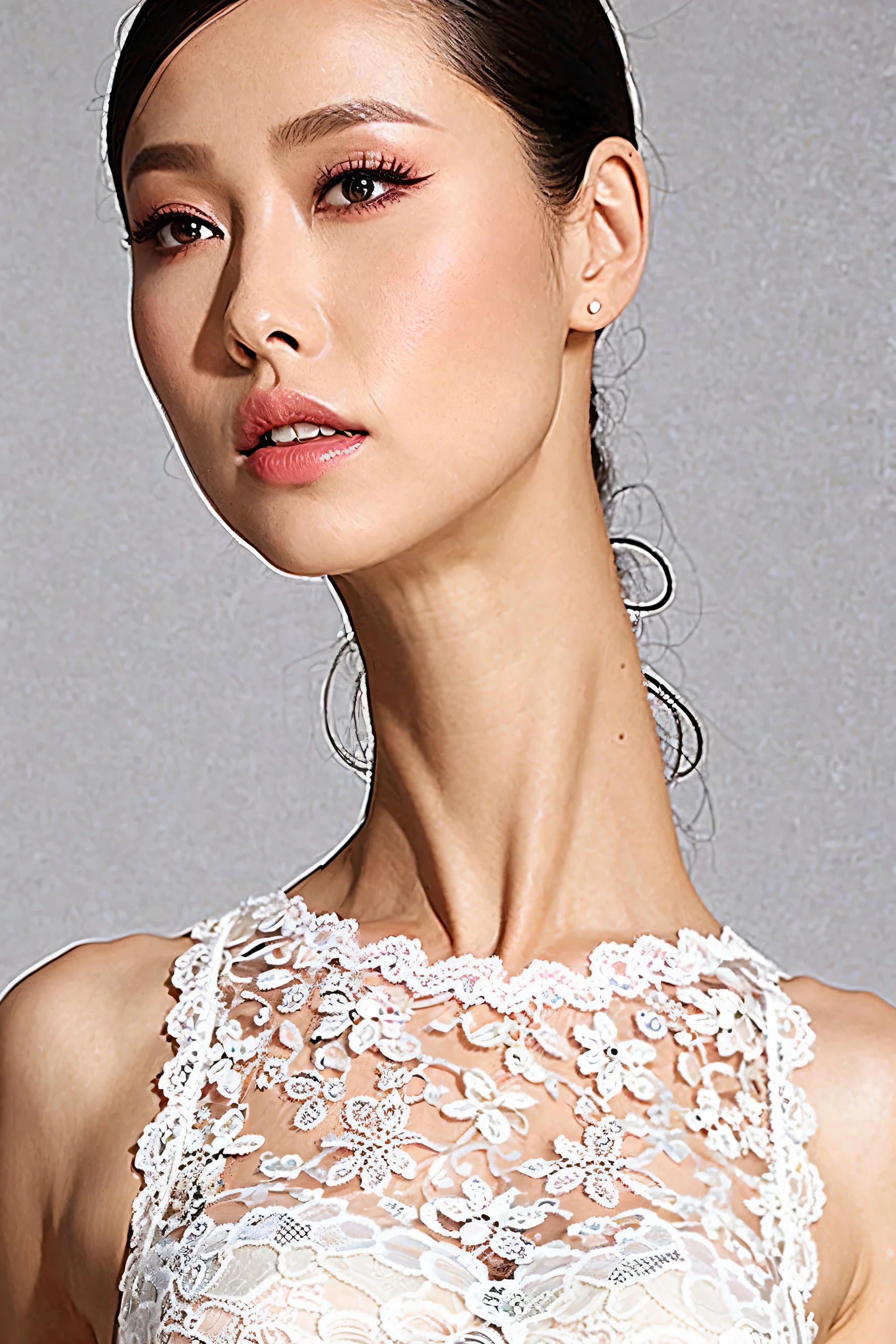 fashion model 20 years old [[[[close up]]]], [[[[neck]]]], [[[[Shoulder]]]], perfect eyes, perfect iris，perfect lips，perfect teeth，Perfect skin，White skin，Soft headlight，High Density Imaging Review，Face slimming type，slender nose，long black hair，（Face is clear and delicate），((white lace underwear))，((Sexy))，The background is the bedroom，big bed，best quality，masterpiece，（pastel colors：1.2）