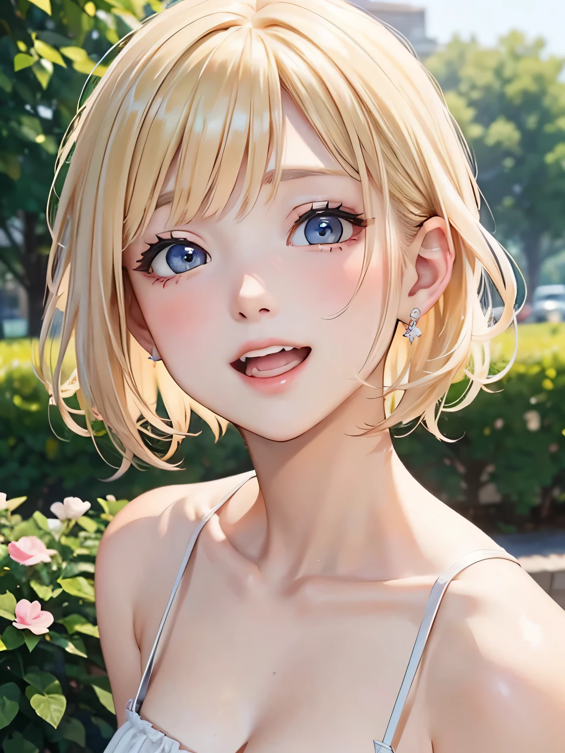 close up of face、sit、blonde、short hair、girl1、open your mouth and smile、prom dress