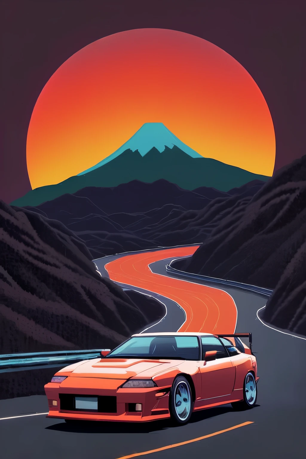 a car driving down a road with a mountain in the background, art deco outrun anime aesthestic, japanese art on behance, outrun art style, wallpaper mobile, japanese inspired poster, epic retrowave art, retrowave art, masterpiece epic retrowave art, inspired by Yoshida Hanbei, vaporwave sunset, retrowave epic art