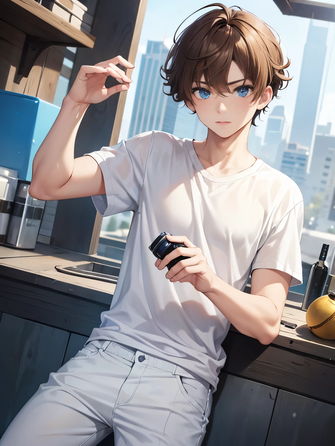 1boy,guy,blue eyes,Throwing grenade bombs,during the day,half body photo,Curly hair,medium hair,undercut hairstyle,light brown hair,Plain t-shirt, white t-shirt,white trousers,ultra detail, perfect face, hd face, detailed face, masterpiece 