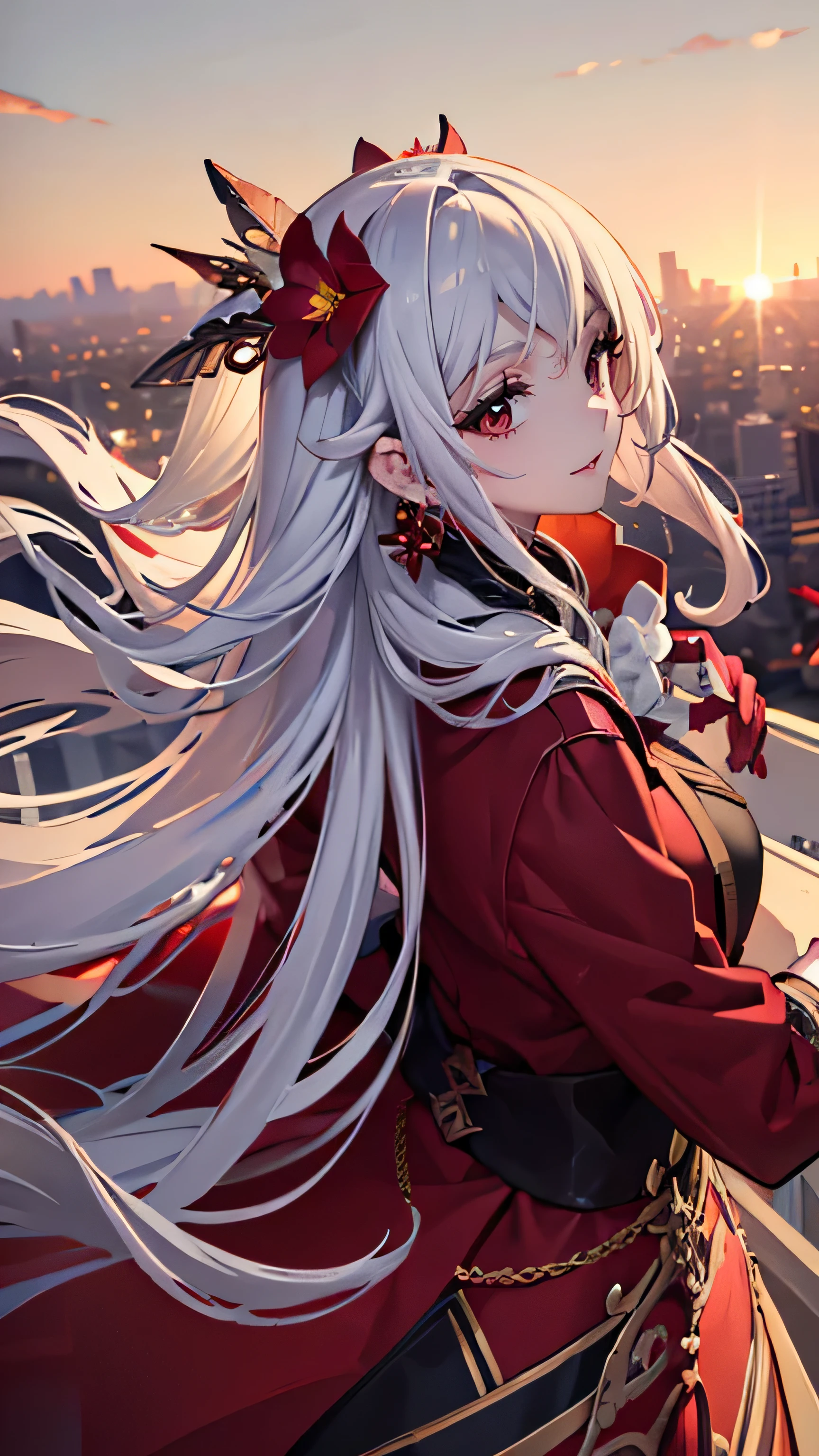 masterpiece, best quality, 1lady, solo, very long white hair, blowing hair, (red flower hair ornament), earrings, maroon winter coat, blowing scarf, behind view, back view, close up, sunset scenery, city