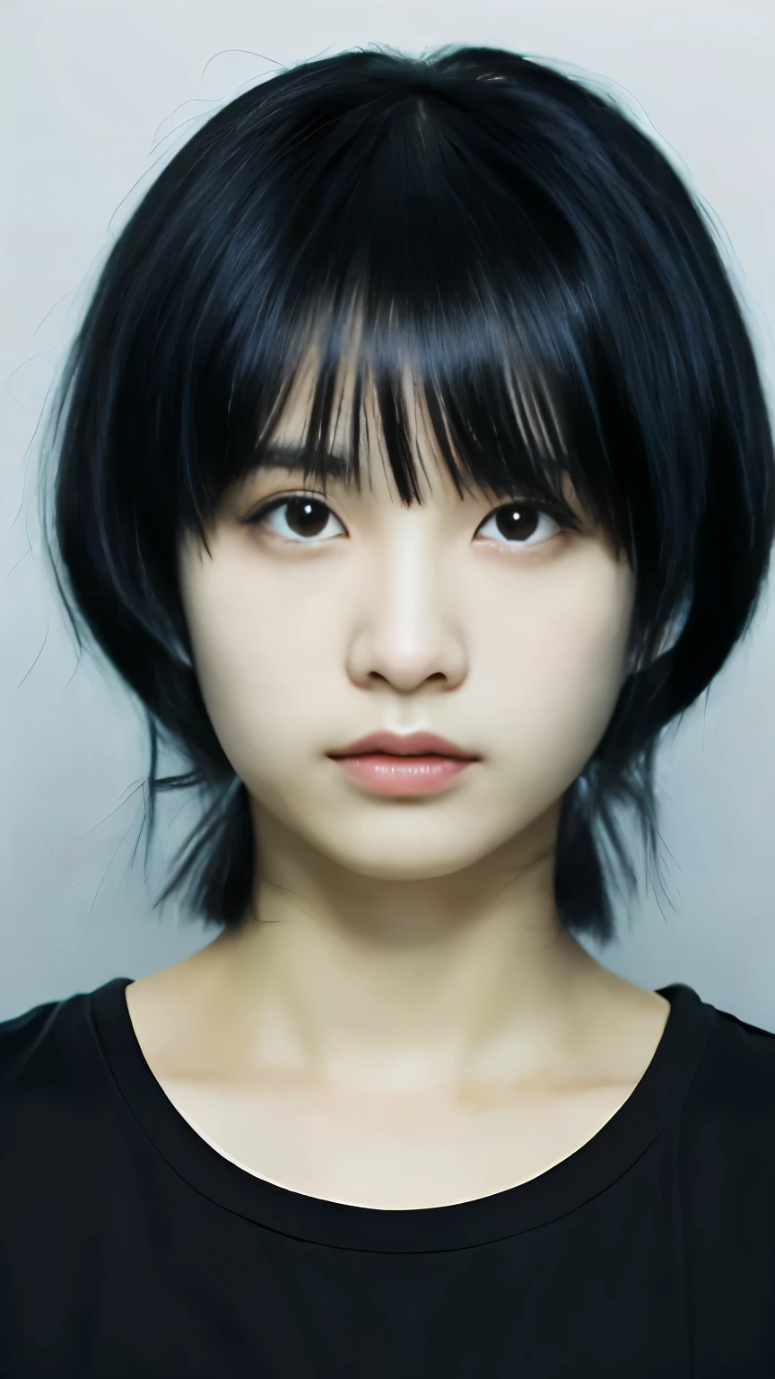 black hair, black hair, messy hair, short ponytail, short hair, front ponytail, upset, hollow eyes, Surrealism, high detail, jpeg artifacts, Fujicolor, 8k, super detail, super detail, textured skin, anatomically correct, masterpiece, black neck t-shirt, active, pretty, beautiful, young, awesome, nice