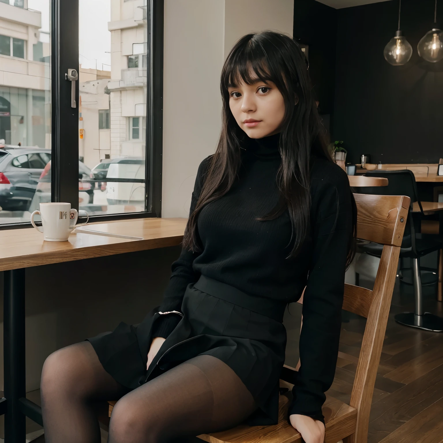 kid girl with Black long hair with bangs wearing a black turtleneck and black skirt and black pantyhosea sitting in a chair holding an iPhone in a coffee shop 