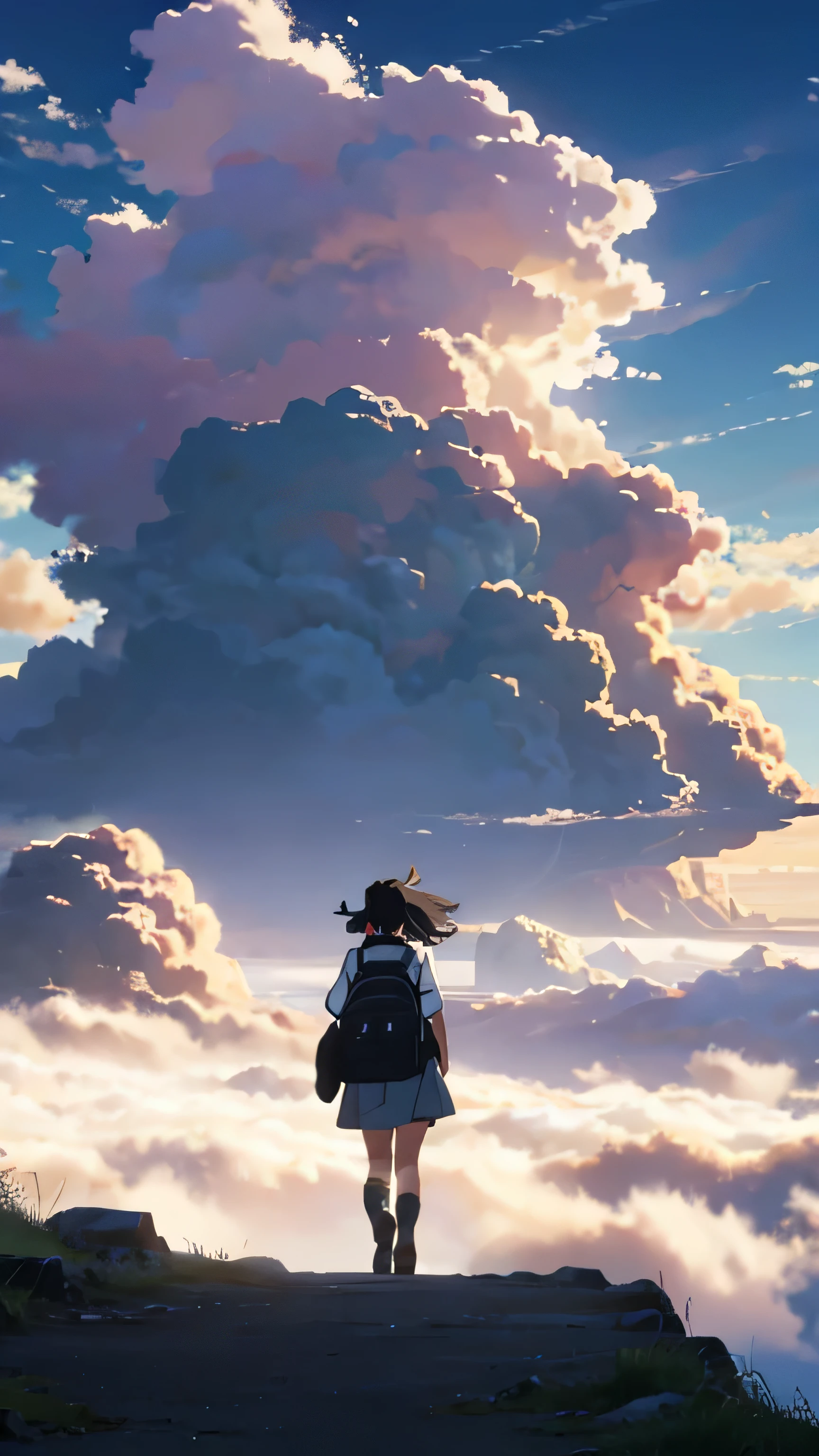 Draw a girl walking in the clouds with a backpack on her back, Anime Cloud, girl clouds, beautifull puffy clouds, Anime, in the style of makoto shinkai. she is approaching heaven, with clouds in the sky, overcast day, makoto shinkai art style, Makoto Shinkai's style, Makoto shinkai style, high clouds, on cloud
