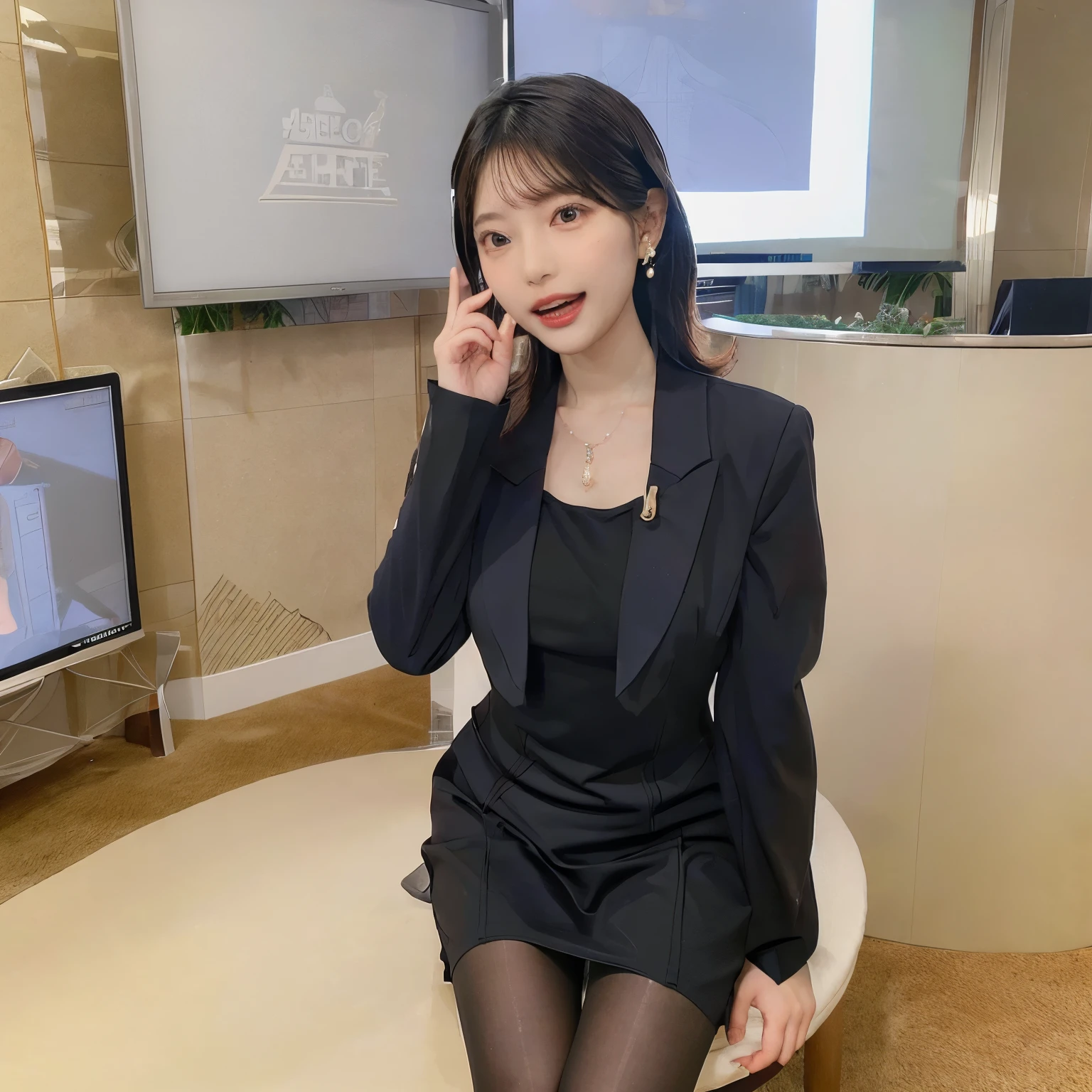 open_mouth，microphone，tongue, ((masterpiece)),highest quality, (8K, highest quality), Super detailed,a very cute woman, Female announcer, modern busines suit,pantyhose:1.2, high heels, look at microphone:1.2,tongue_out:1.4, earring, sitting:1.3, open legs:1.4, white thong under pantyhose
