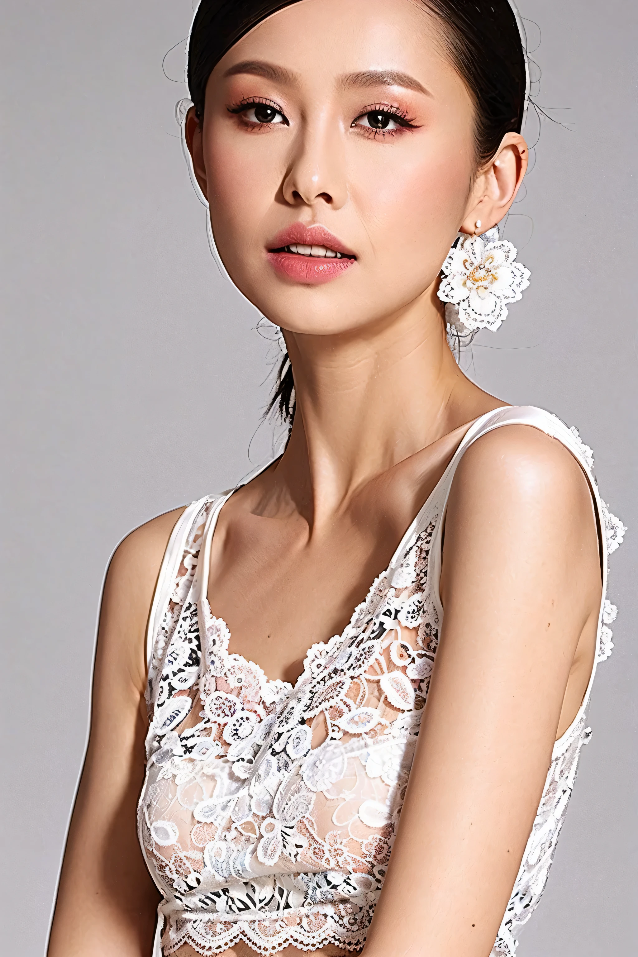 fashion model 20 years old [[[[close up]]]], [[[[neck]]]], [[[[Shoulder]]]], perfect eyes, perfect iris，perfect lips，perfect teeth，Perfect skin，White skin，Soft headlight，High Density Imaging Review，Face slimming type，slender nose，long black hair，（Face is clear and delicate），((white lace underwear))，((Sexy))，The background is the bedroom，big bed，best quality，masterpiece，（pastel colors：1.2）