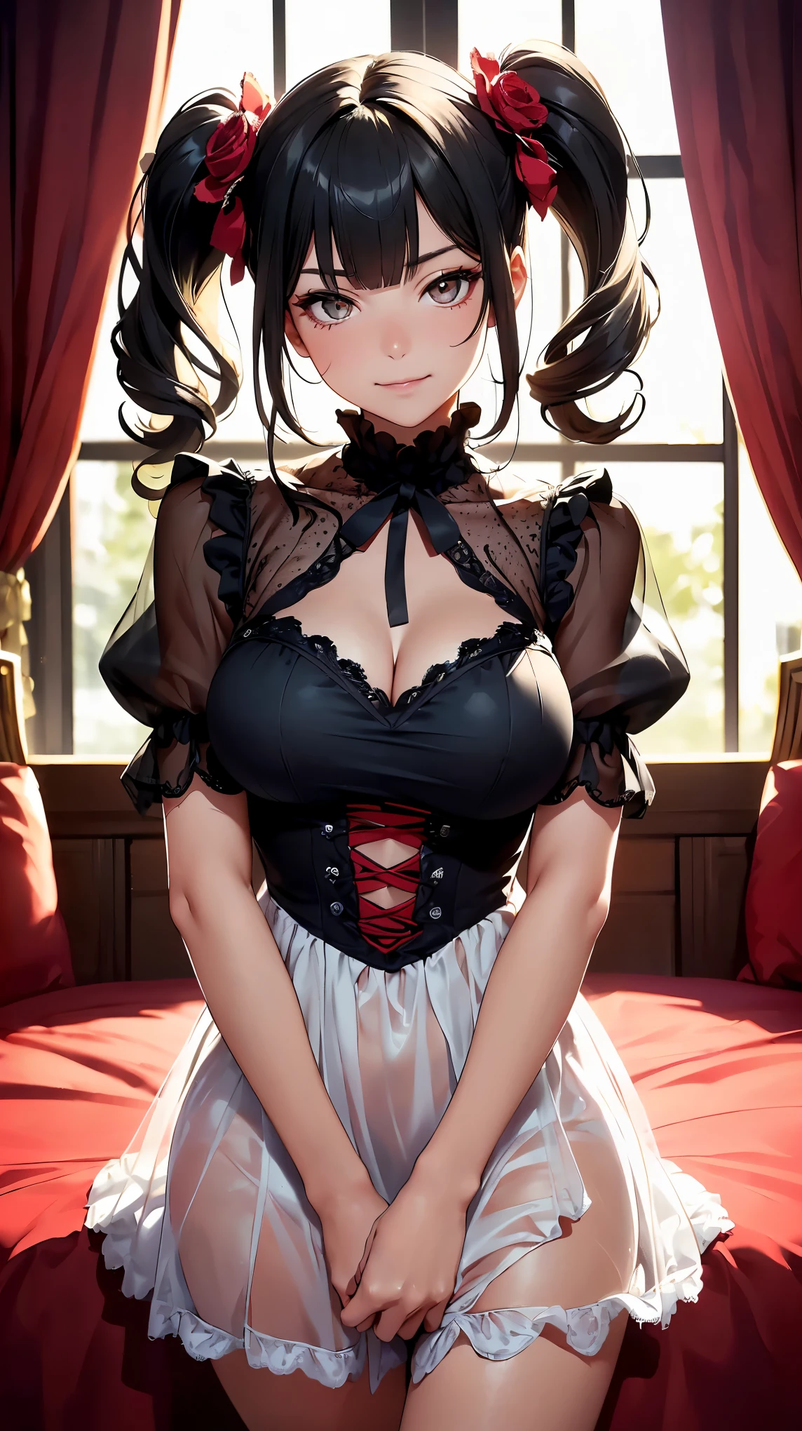 (8k, RAW photo, 最high quality, masterpiece:1.2), High-definition RAW color photo, Professional photo shoot, cinematic light, alone, (((young woman))), (detailed expression), (round eyes), (small face), (high detail skin:1.2), clavicle, cute face, beautiful appearance, long eyelashes, glossy lips, (beautiful chest line), dynamic angle, dynamic pose, (black hair, Twin tails in a high position:1.5, Hide one eye with bangs, golden eyes), attractive big breasts, (slim body shape:1.4, A woman with a slender figure and big breasts), very detailed顔と肌の質感, fine eyes, double eyelid, (((very relaxed smile:1.5, happy expression))), ((facing the front:1.2)), (elegant posture:1.5, photo shootのためポーズをとる, sexy pose, cowboy shot:1.5)), (((goth dress, black and red gothic dress, voluminous skirt:1.2, big ribbon, headdress, Ornaments made with delicate craftsmanship, Lace fabric, delicate embroidery and frills, See-through material was used))), luxury room, red sofa with decoration, soft light, ((baroque:1.1)), Are standing:1.2, beautiful skin, shiny skin, perfect fingers, five fingers, anatomically correct, background bokeh, high quality, surreal, bright colors, ((Nikon, 135㎜, f/1.8, very detailed, photo shoot)),