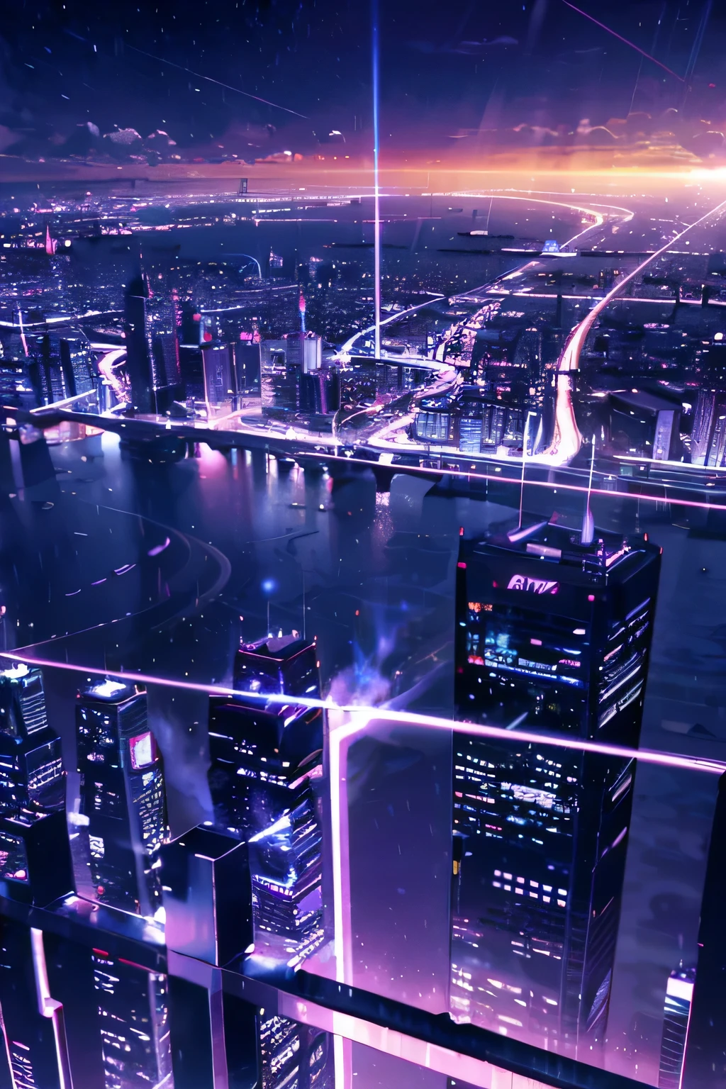 Vaporwave,skyline,midnight,3D model,city,Starlight,photograph,real,cyber-,monochrome,Searchlight