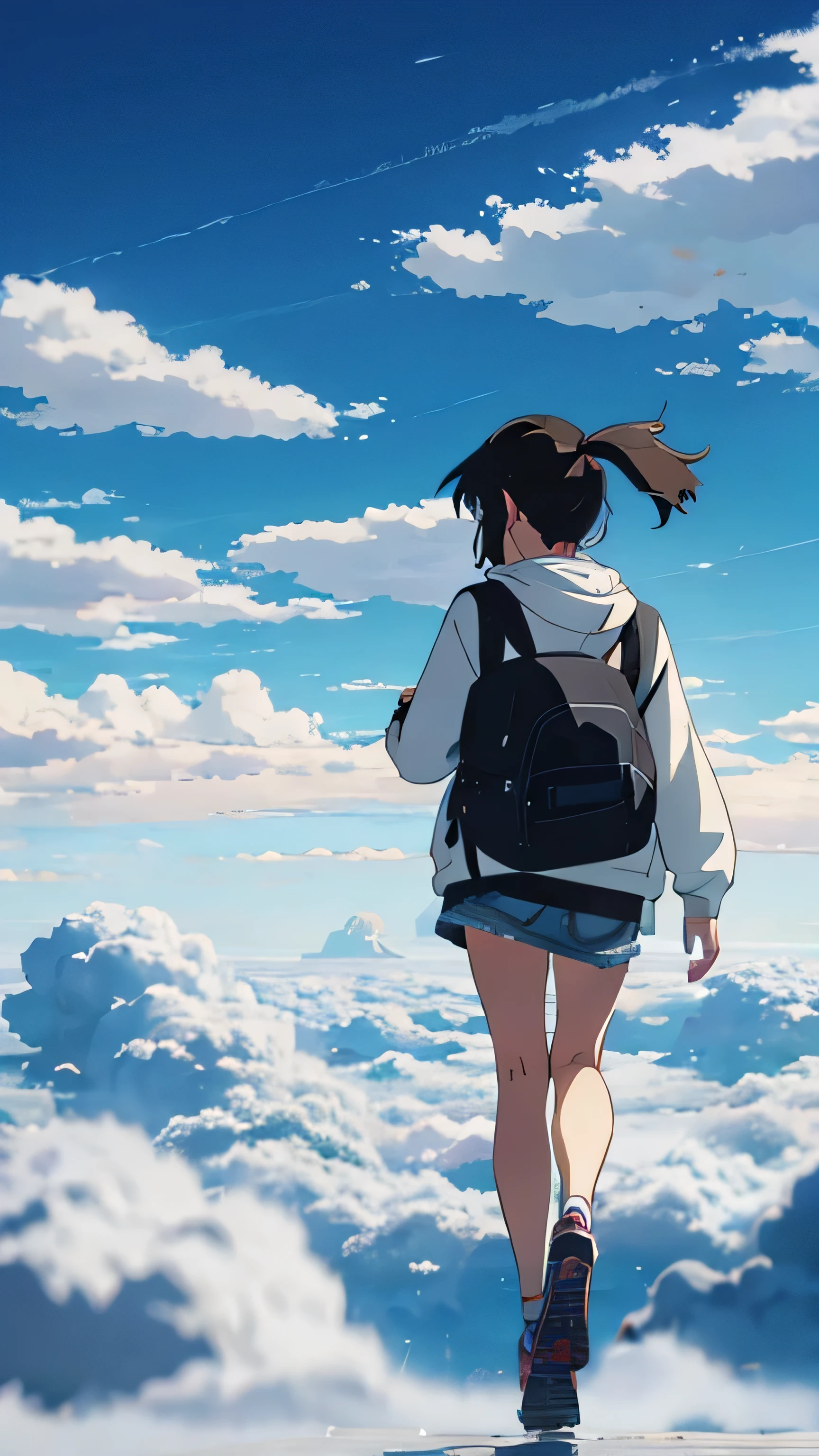 Draw a girl walking in the clouds with a backpack on her back, Anime Cloud, girl clouds, beautifull puffy clouds. Anime, in the style of makoto shinkai, she is approaching heaven, with clouds in the sky, overcast day, makoto shinkai art style, Makoto Shinkai's style, Makoto shinkai style, high clouds, on cloud