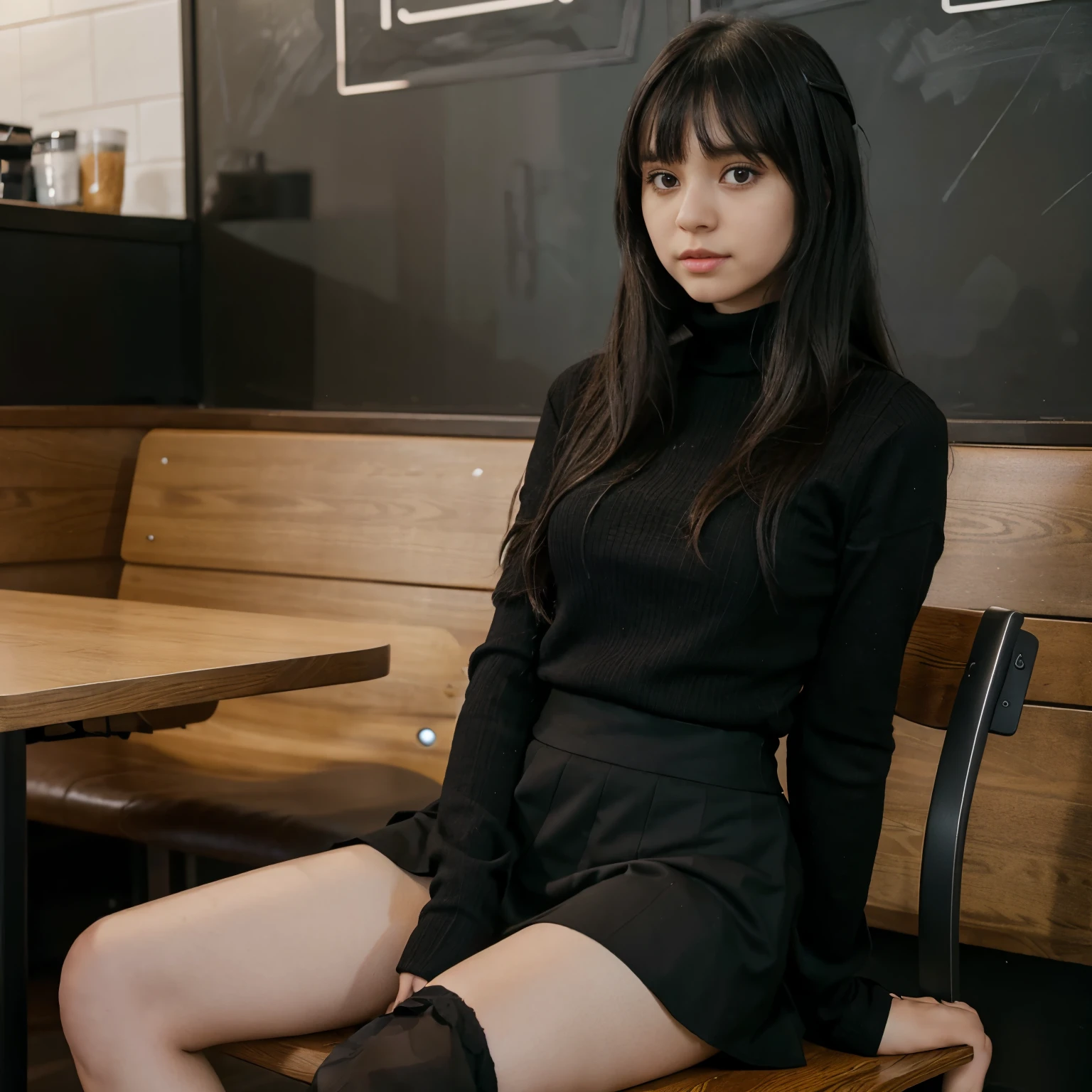 girl with Black long hair with bangs wearing a black turtleneck and black skirt and black pantyhosea sitting in a chair in a coffee shop