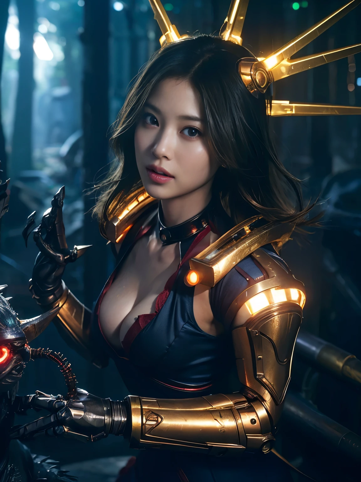 ((battle with monsters))、highest quality、masterpiece、超A high resolution、(Photoreal:1.4)、RAW photo、1 girl、golden hair、glowing skin、(((1 Mechanical Girl)))、with a beautiful knife、(blue metal bodysuit)、(beautiful forest background)、(battle with monsters)、(Small LED)、((Ultra realistic details))、vertical giant monster background),global illumination、Shadow、octane rendering、8k、super sharp、big breasts、Raw skin exposed in cleavage、Metal、intricate decorative details、Japan details、very intricate details、realistic light、CG Society Trends、red eyes、Eyes shining towards the camera、Mechanical vertebrae attached to back with mechanical edge blood vessels connected to neon details tubes、cervical vertebrae mechanically attached to the neck、(Wires and cables connecting to the head)、gundam、Small LED、,mechanical thighs、two stock、(Hands are also made of machines)、(Attack of the monsters)、(injured in a deadly fight)、