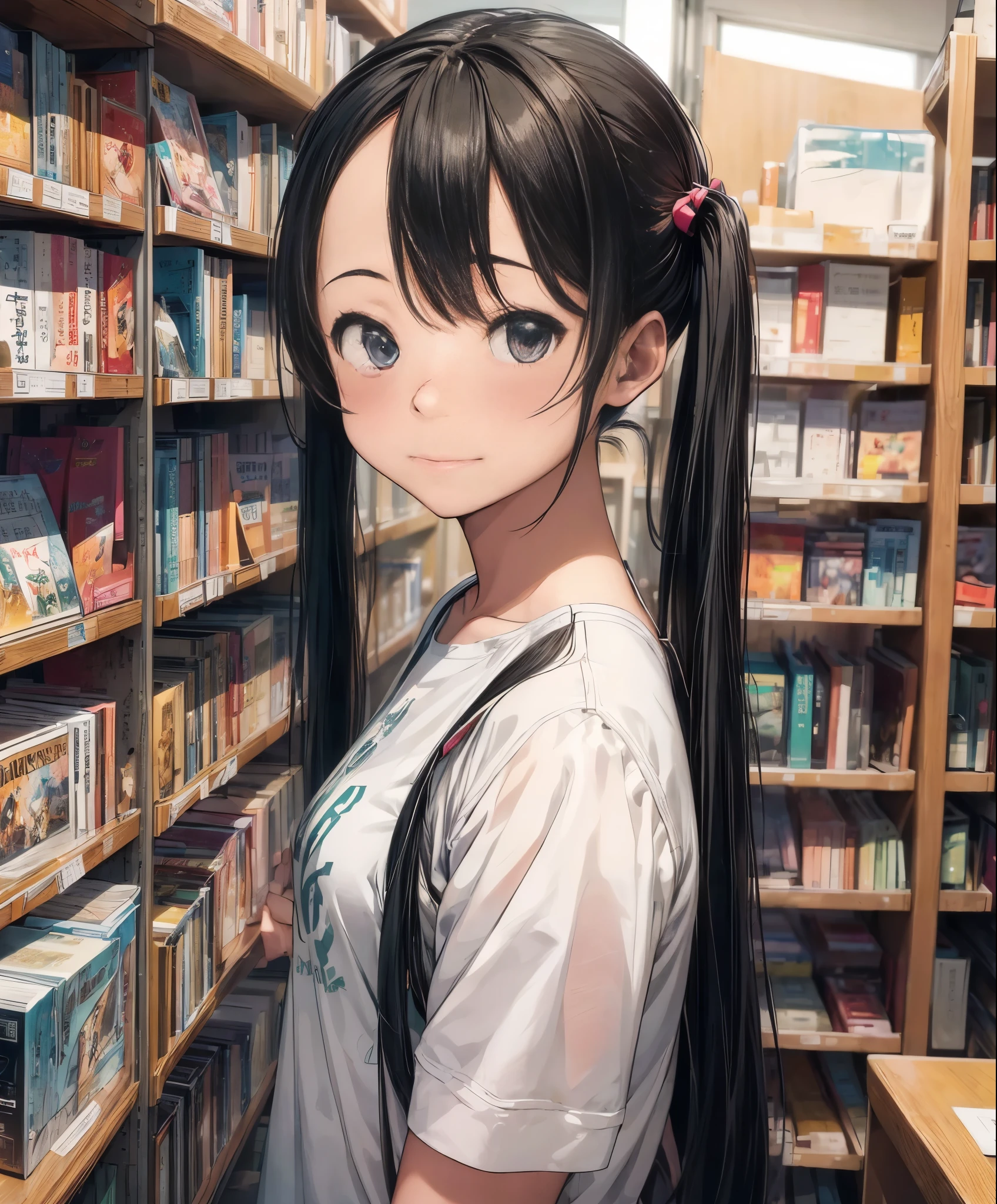 (masterpiece、highest quality、highest quality、official art、beautiful beautiful:1.2)、(1 girl:1.3)Hatsune Miku、twin tails,library、I read a book、beautiful breasts、Large bookshelf