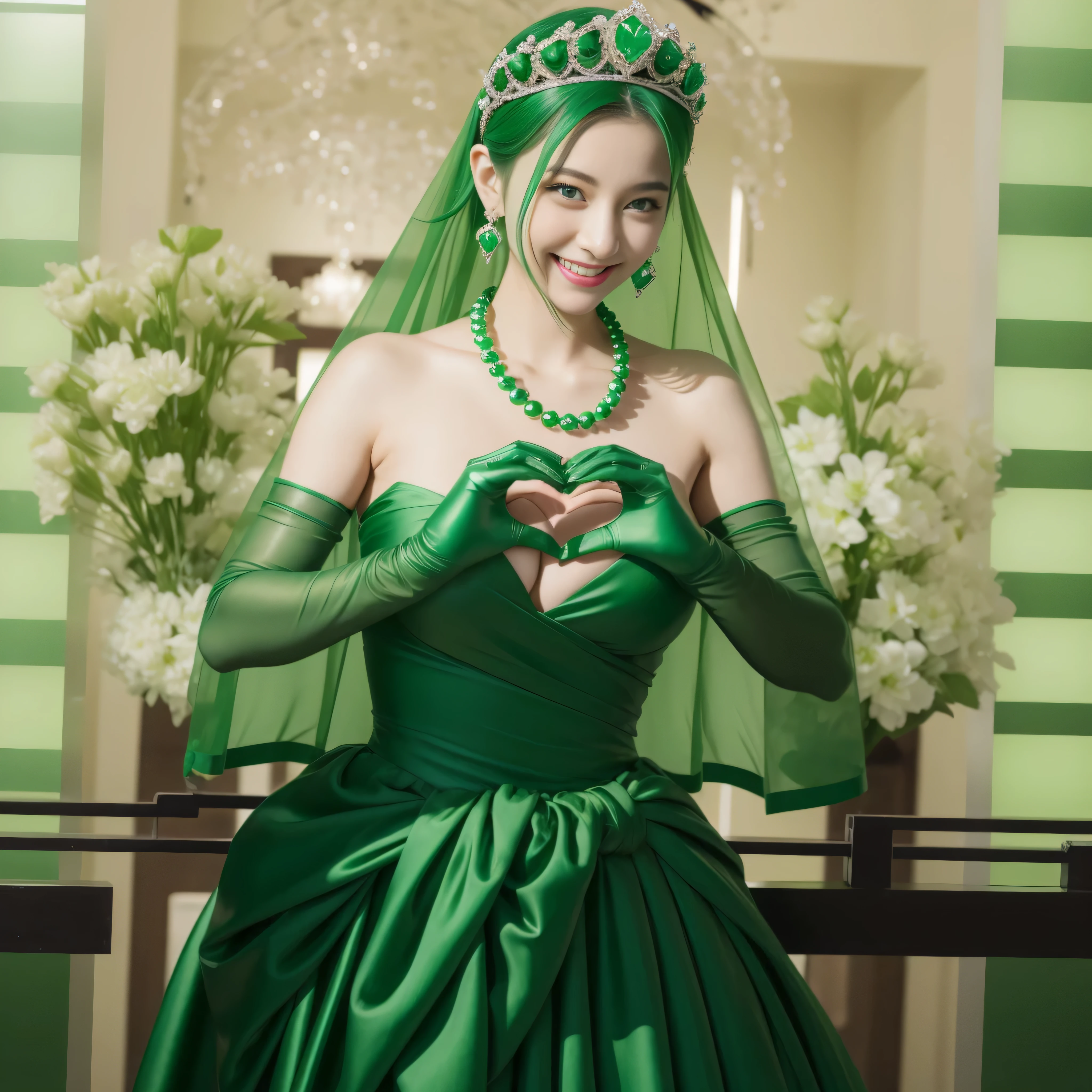 emerald tiara, Green Pearl Necklace, ボーイッシュな非常に短いgreen hair, green lips, smiling Japanese woman, very short hair, Beautiful woman with big breasts, green eyes, green satin long gloves, green eyes, emerald earrings, Green veil, Heart with both hands, green hair, beautiful japanese woman, heart shaped hands:1.3, green lip gloss