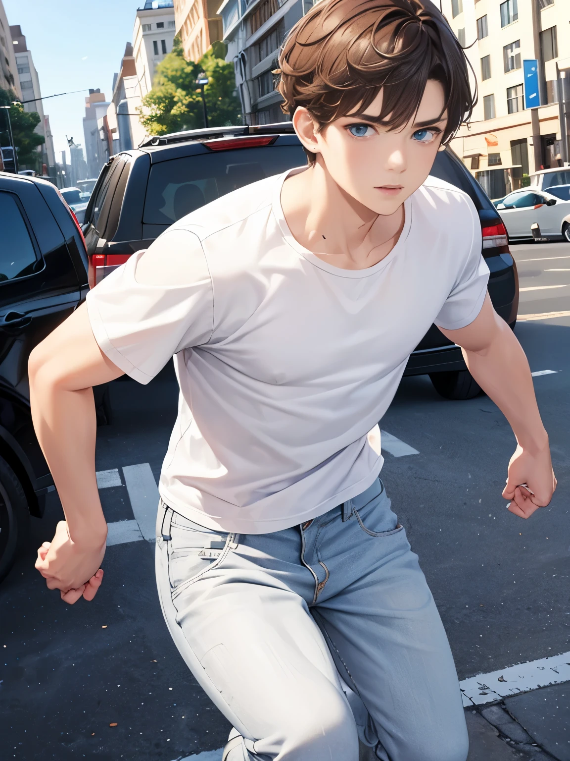 1boy,guy,blue eyes,Throwing grenade bombs,during the day,In city,half body photo,Curly hair,medium hair,undercut hairstyle,light brown hair,Plain t-shirt, white t-shirt,white trousers,ultra detail, perfect face, hd face, detailed face, masterpiece