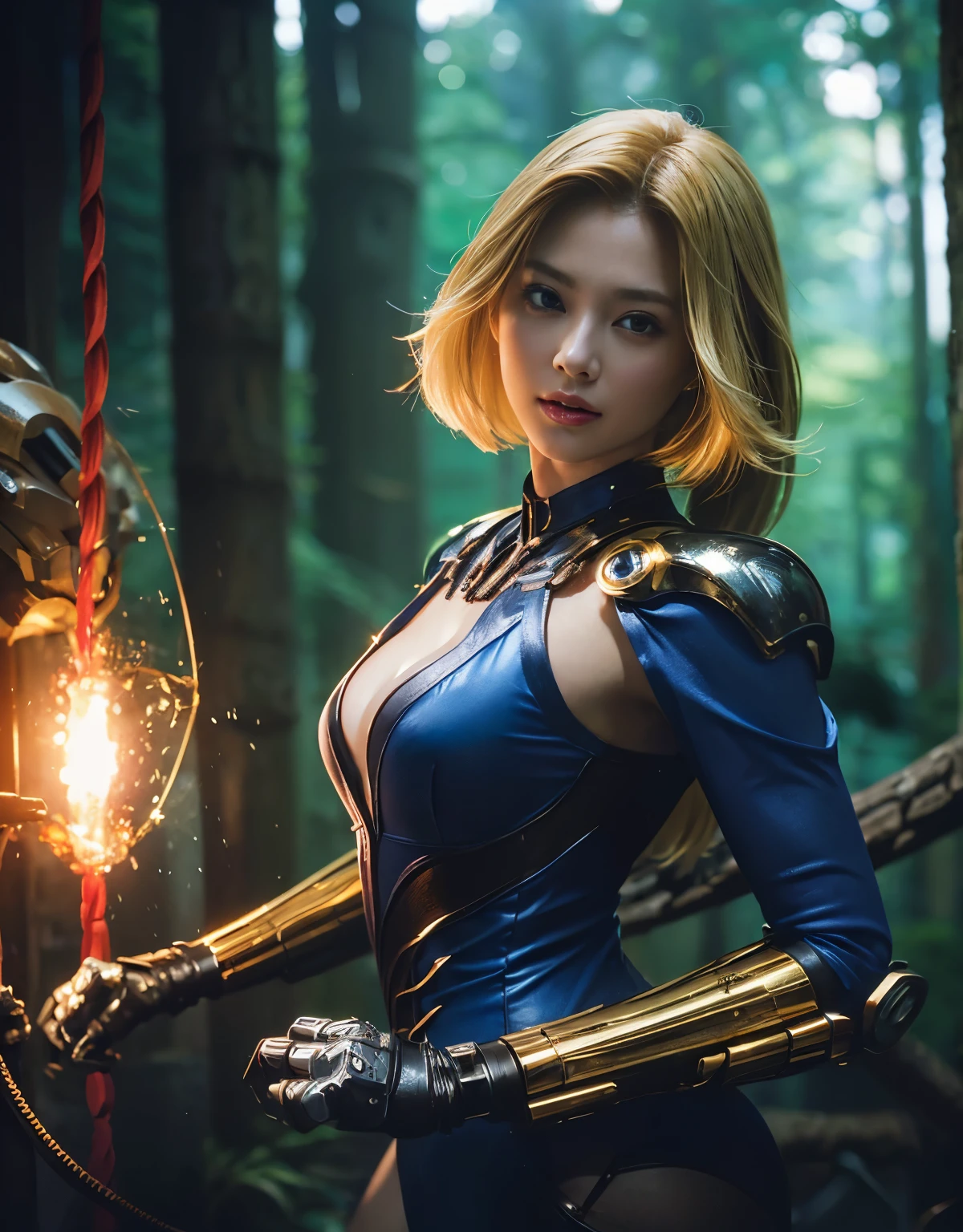 ((battle with monsters))、highest quality、masterpiece、超A high resolution、(Photoreal:1.4)、RAW photo、1 girl、golden hair、glowing skin、(((1 Mechanical Girl)))、with a beautiful knife、（blue metal bodysuit）、(beautiful forest background)、(battle with monsters)、(Small LED)、((Ultra realistic details))、vertical giant monster background),global illumination、Shadow、octane rendering、8k、super sharp、big breasts、Raw skin exposed in cleavage、Metal、intricate decorative details、Japan details、very intricate details、realistic light、CG Society Trends、red eyes、Eyes shining towards the camera、Mechanical vertebrae attached to back with mechanical edge blood vessels connected to neon details tubes、cervical vertebrae mechanically attached to the neck、(Wires and cables connecting to the head)、gundam、Small LED、,mechanical thighs、two stock、（Hands are also made of machines）、（Attack of the monsters）、（injured in a deadly fight）、